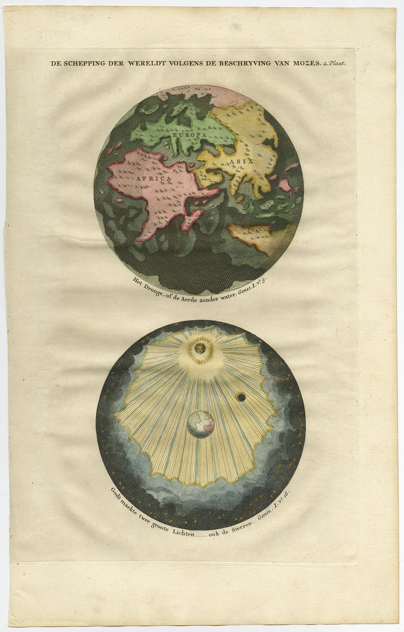 Antique map, titled: 'De Schepping der Wereldt volgens de Beschryving van Mozes.' 

Two separate maps on one sheet showing the creation of the world according to Moses. The upper depiction shows the world without water ( after Goeree); the lowest