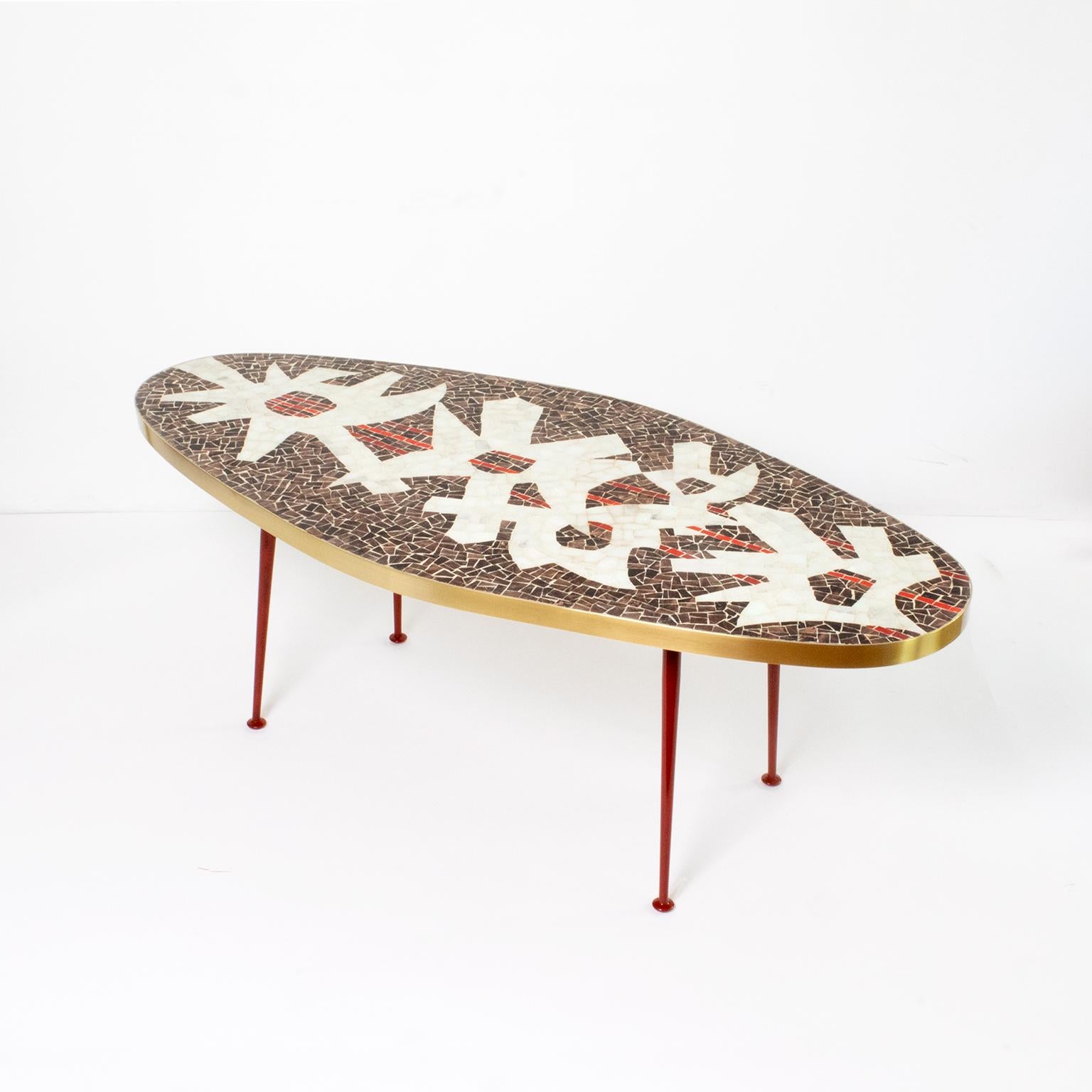 Mid-Century Modern Oval Form Midcentury Mosaic Coffee Table Brass body Designed by Berthold Muller
