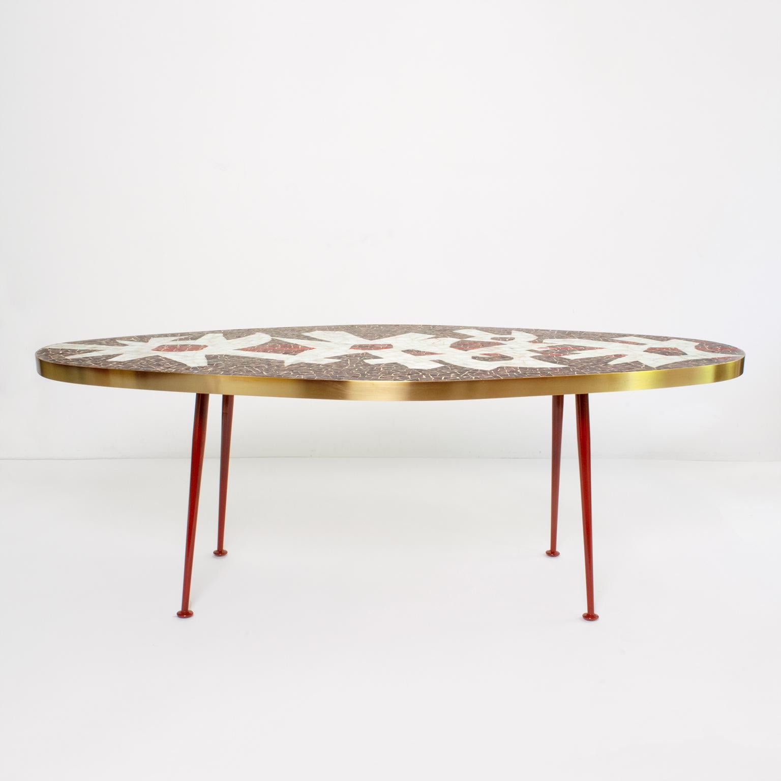 German Oval Form Midcentury Mosaic Coffee Table Brass body Designed by Berthold Muller
