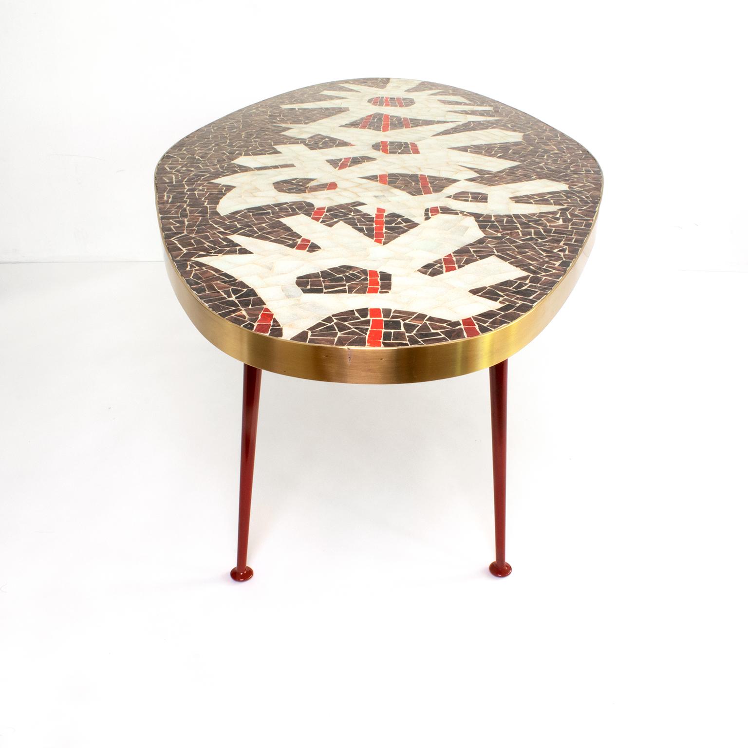 Polished Oval Form Midcentury Mosaic Coffee Table Brass body Designed by Berthold Muller