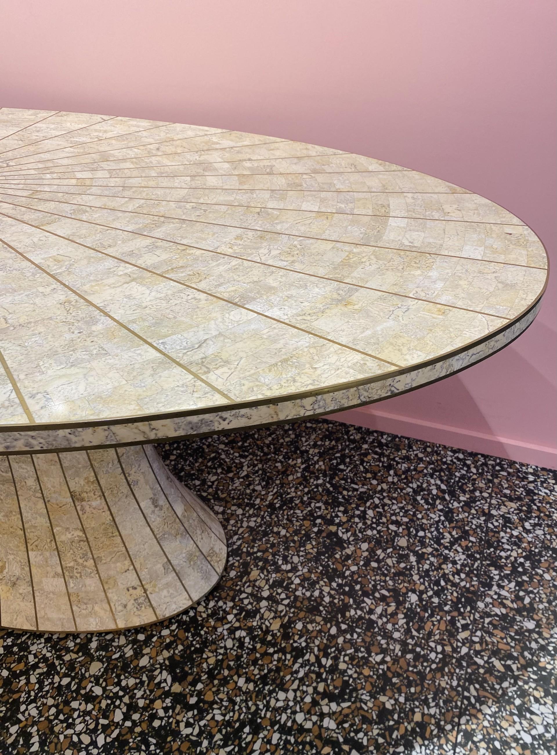 Beautiful oval tessellated stone dining table and brass by Maitland Smith.  For Sale 4