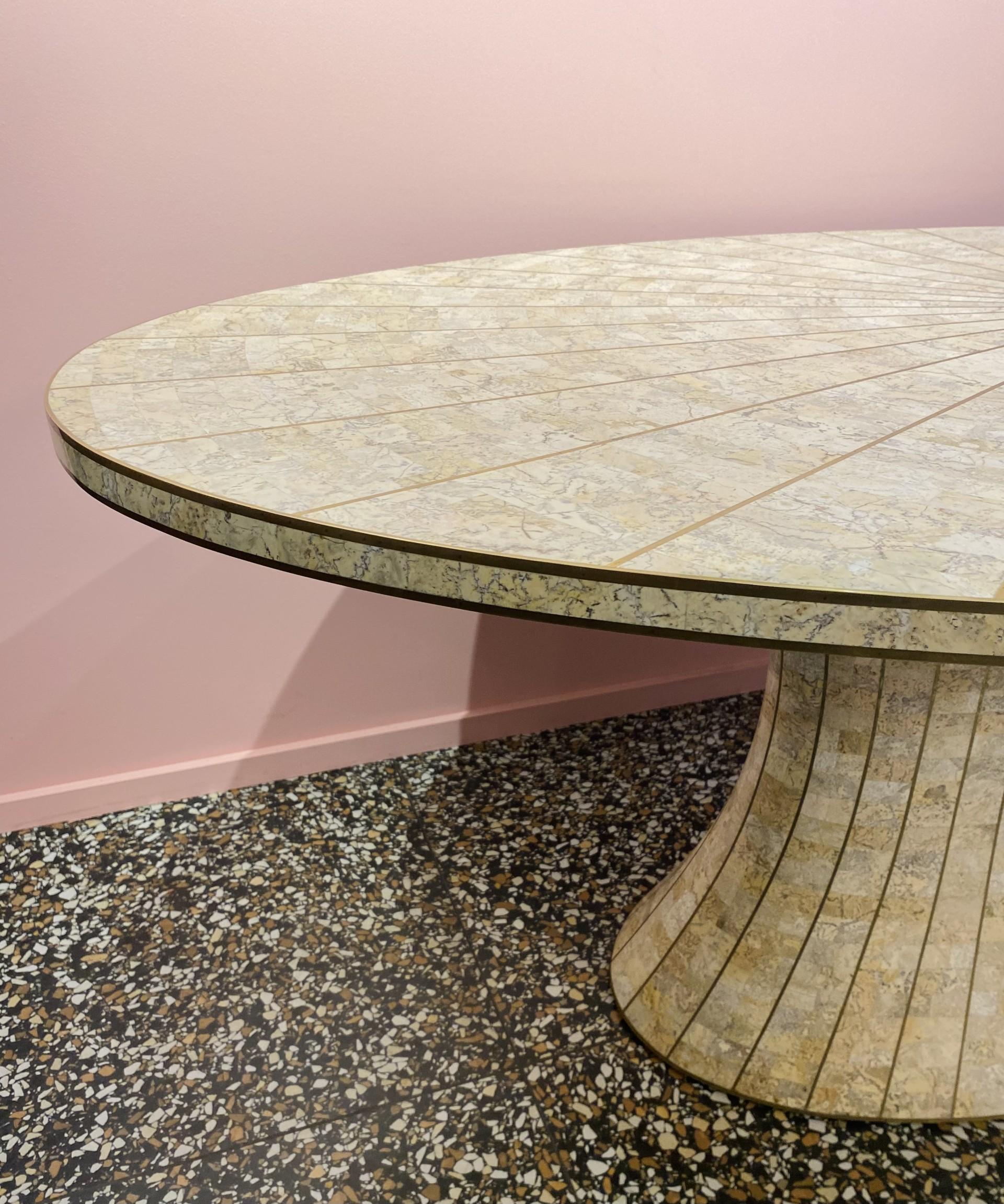 Marquetry Beautiful oval tessellated stone dining table and brass by Maitland Smith.  For Sale