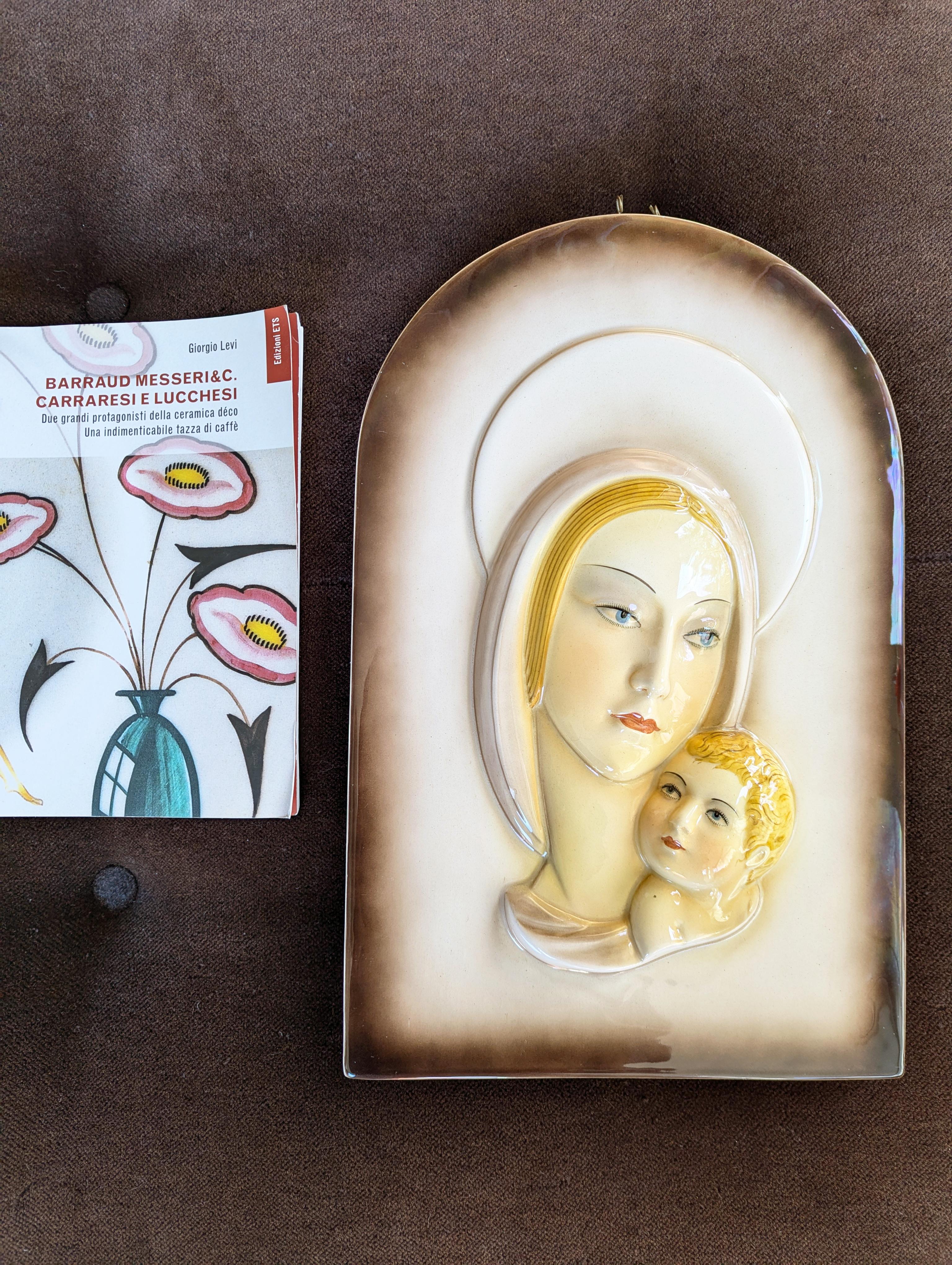 Ceramica Bellissimo dipinto  Pannello Madonna con bambino del 1940 di Carraresi Lucchesi in vendita