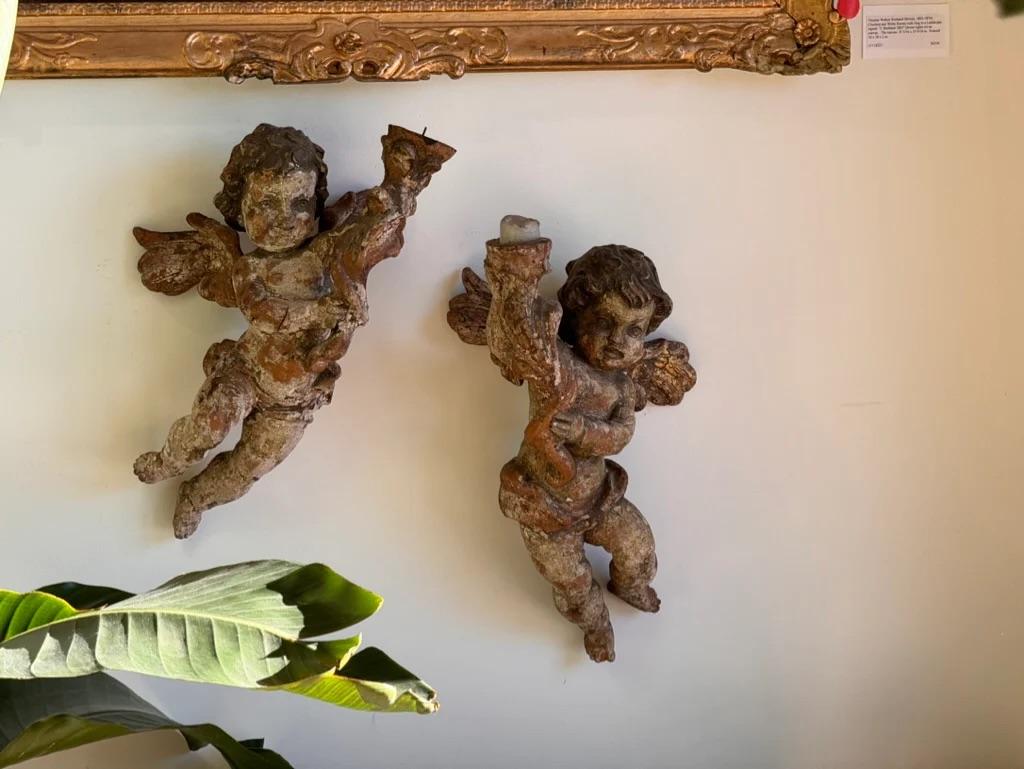 Fine Pair of 18th Century Carved, polychrome and Gilt angels cherubs, likely French,  having outstanding detail. 


