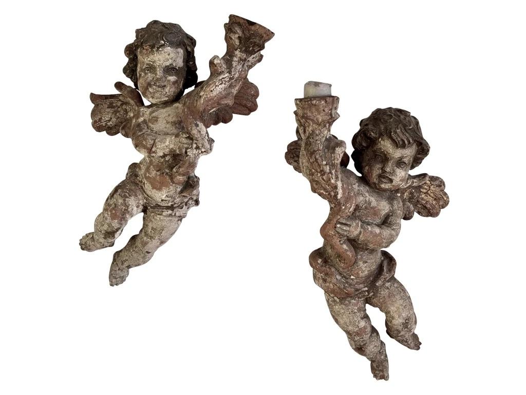 French Beautiful Pair 18th Century Carved, Polychrome Putti