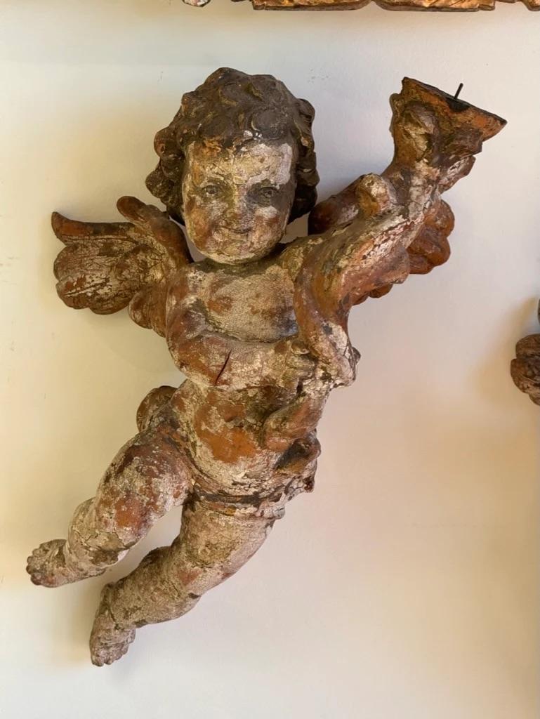 Beautiful Pair 18th Century Carved, Polychrome Putti In Good Condition In Charlottesville, VA