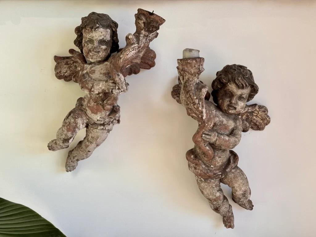 18th Century and Earlier Beautiful Pair 18th Century Carved, Polychrome Putti