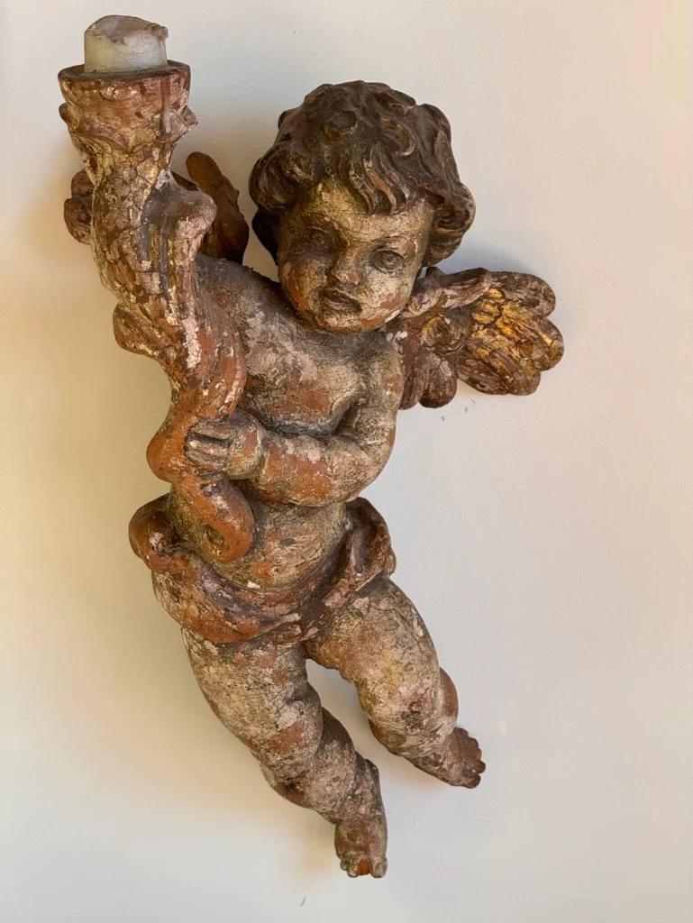 Giltwood Beautiful Pair 18th Century Carved, Polychrome Putti