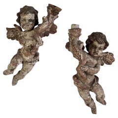 Beautiful Pair 18th Century Carved, Polychrome Putti