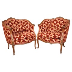 Vintage Beautiful Pair French Louis XV Over-sized Upholstered Bergeres Circa 1960