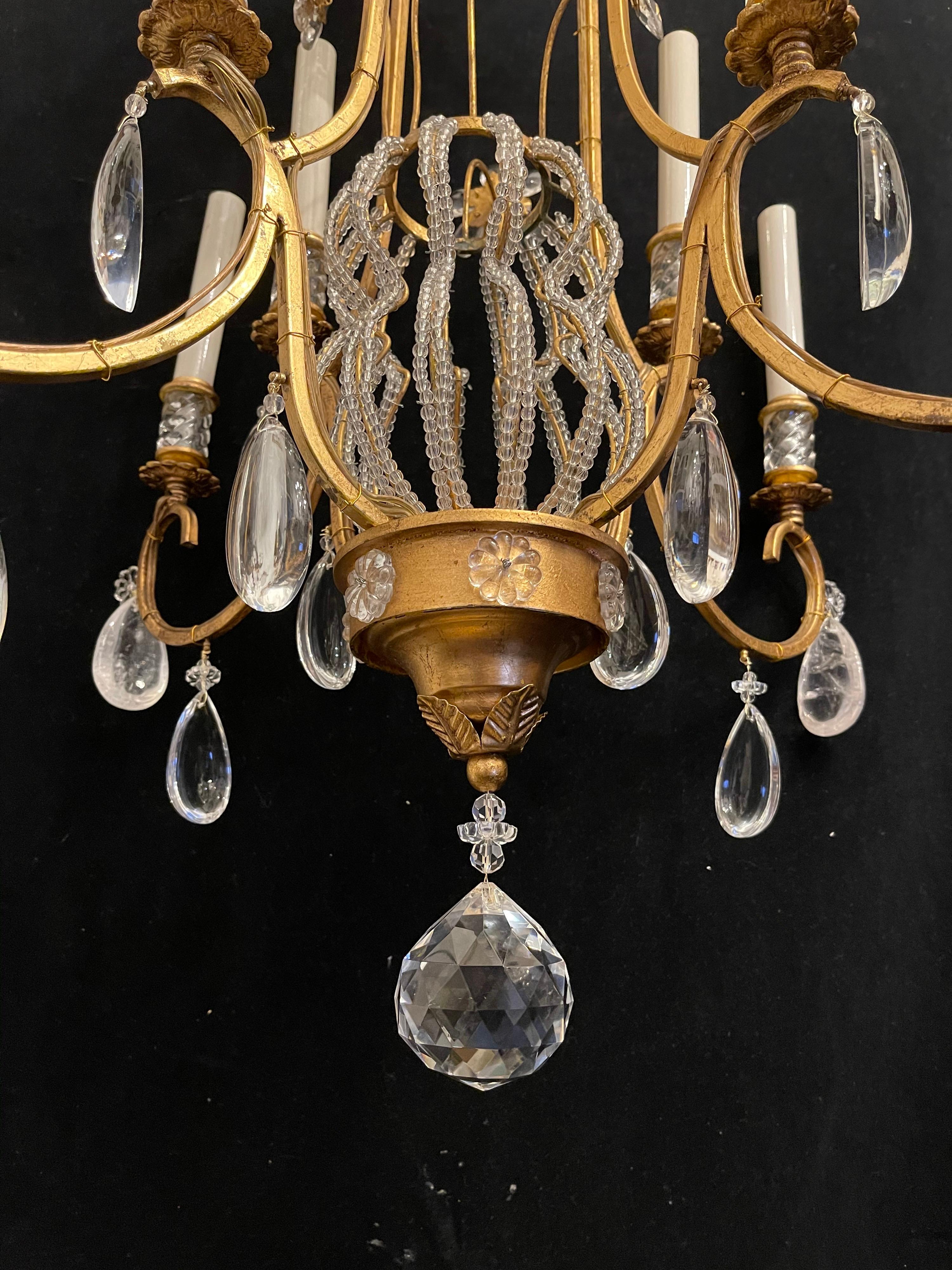 Italian Beautiful Pair Gilt Baguès Rock Crystal Jansen Beaded Basket Chandelier Fixtures For Sale