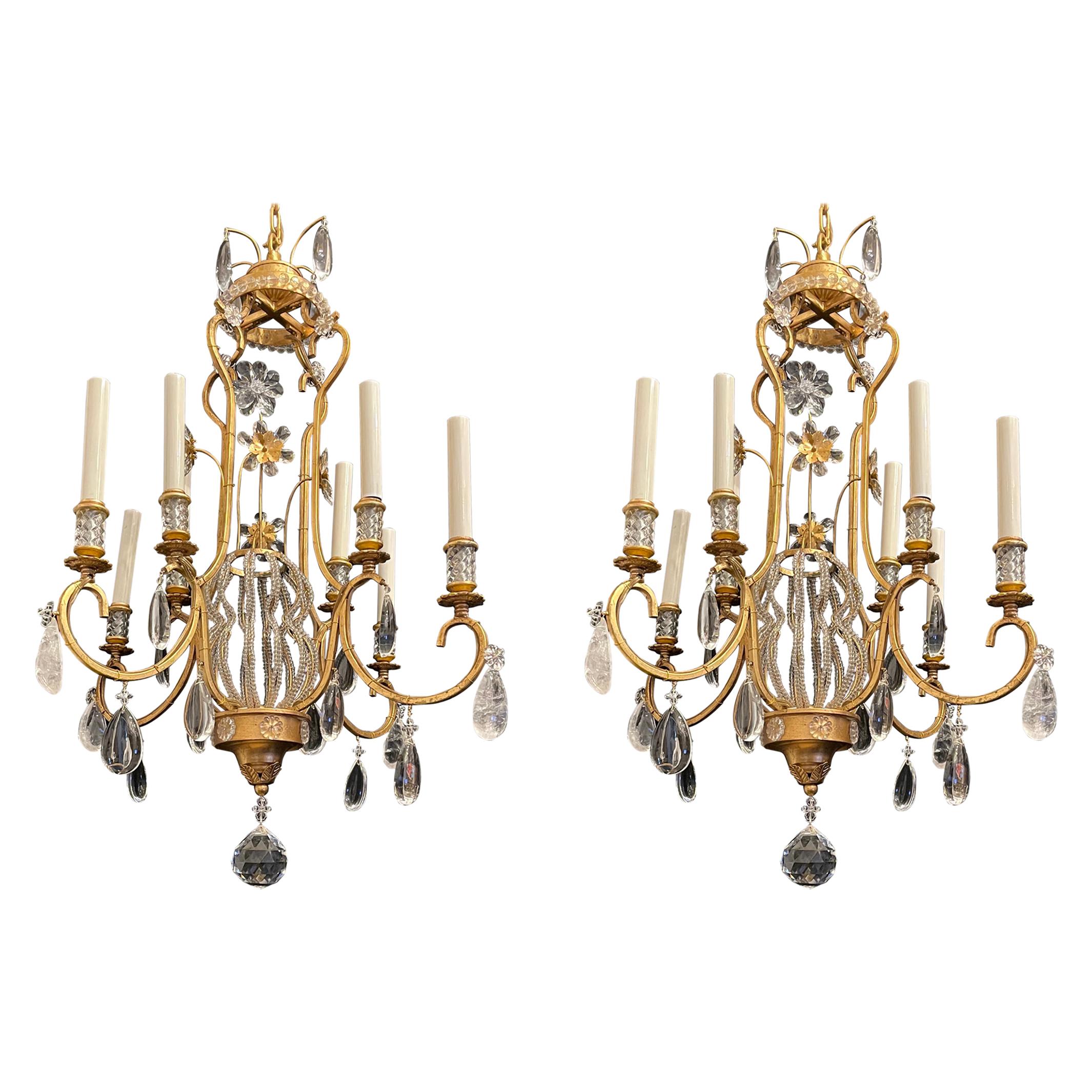 Beautiful Pair Gilt Baguès Rock Crystal Jansen Beaded Basket Chandelier Fixtures