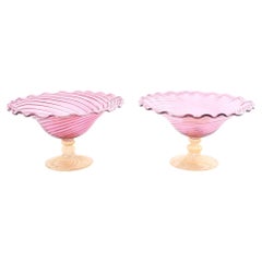 Beautiful Pair Gold Base / Pink Murano Glass Decorative Bowl