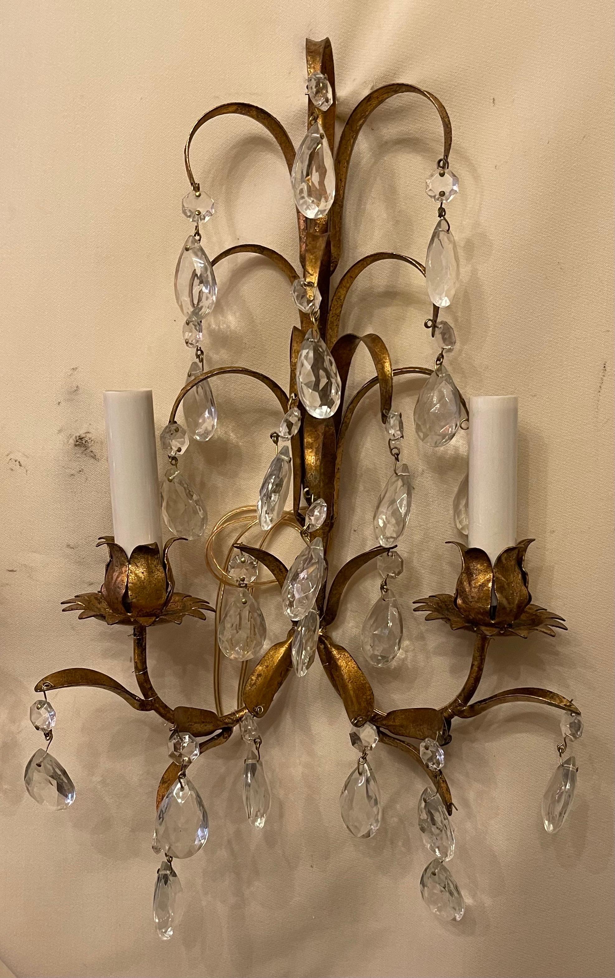 A Beautiful Pair Of Italian Two Candelabra Light Tole Gold Gilded Leaf Form And Crystal Drop Sconces 
Completely Rewired With New Sockets