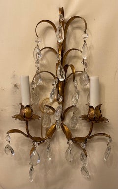 Beautiful Pair Italian Two-Light Tole Gold Gilded Leaf Crystal Drop Sconces