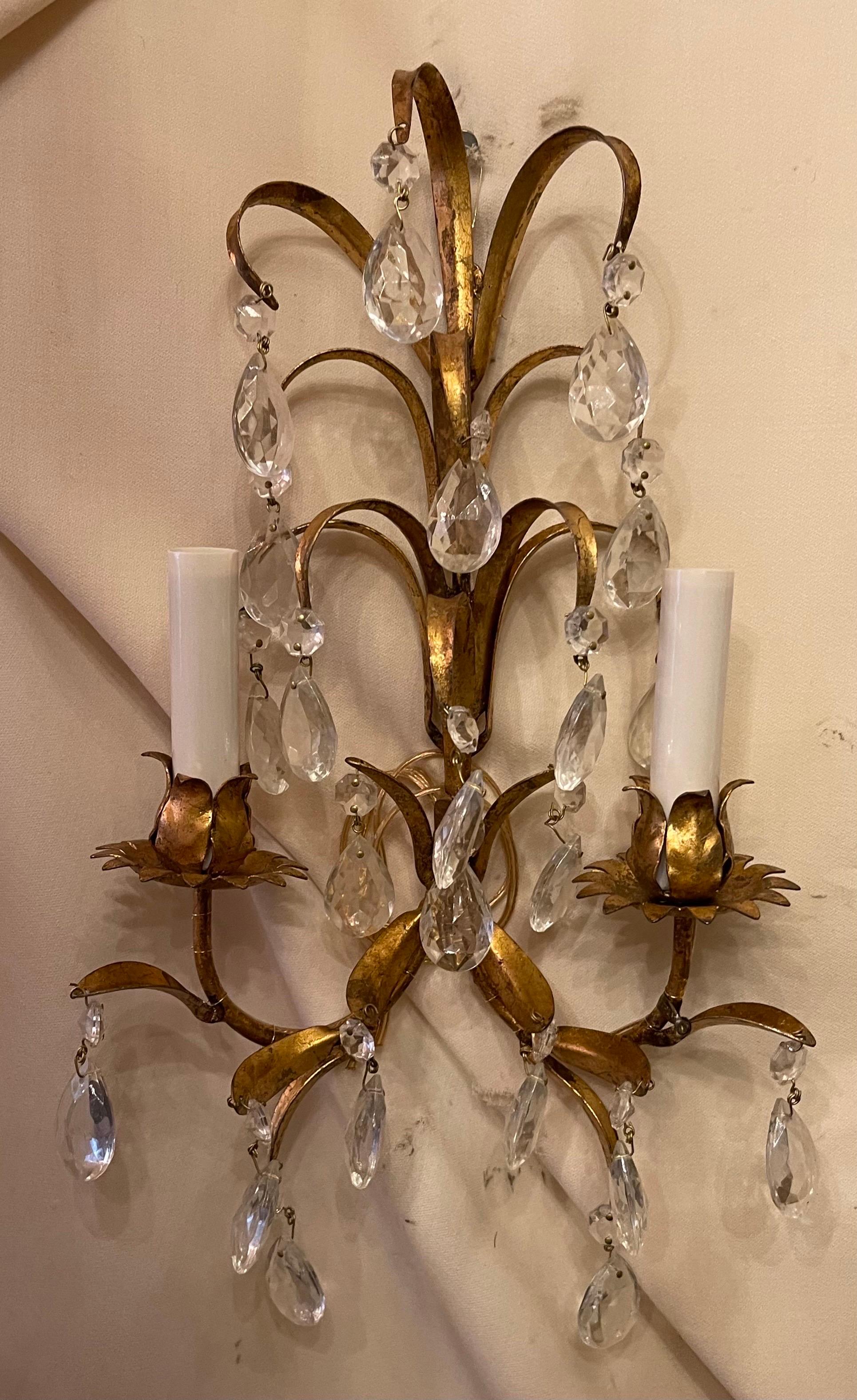 Belle Époque Beautiful Pair Italian Two-Light Tole Gold Gilded Leaf Crystal Drop Sconces  For Sale