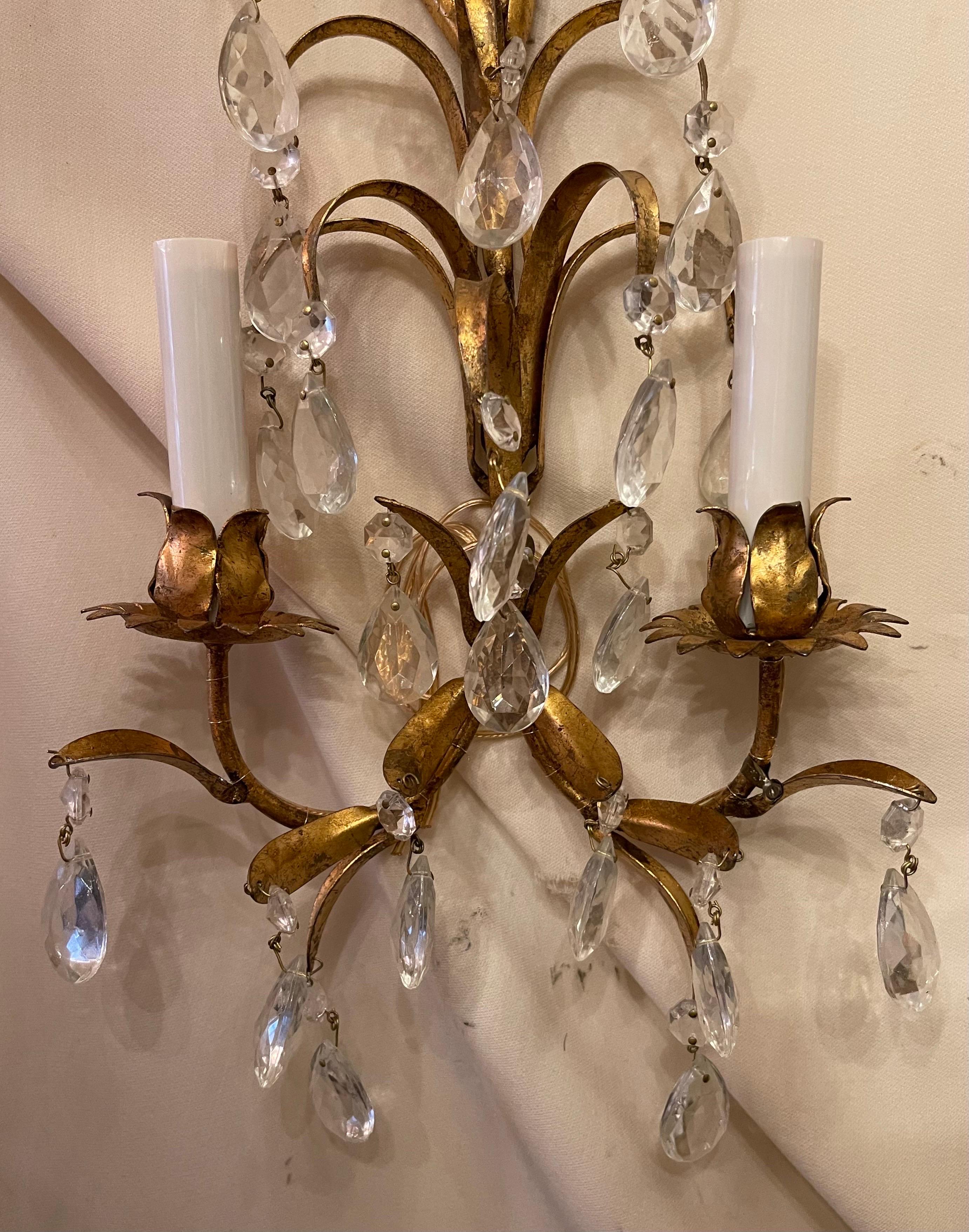 Gilt Beautiful Pair Italian Two-Light Tole Gold Gilded Leaf Crystal Drop Sconces  For Sale