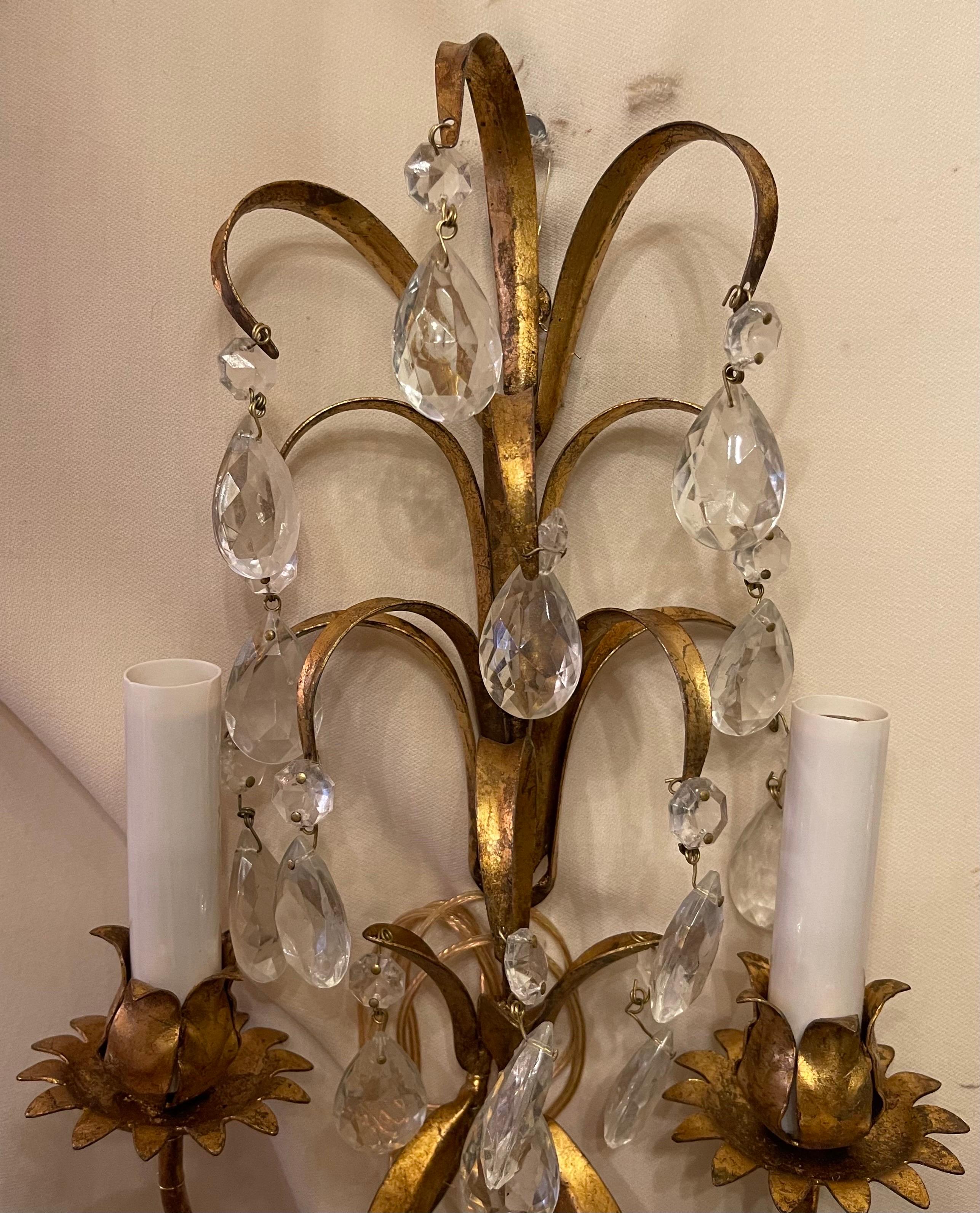 Beautiful Pair Italian Two-Light Tole Gold Gilded Leaf Crystal Drop Sconces  In Good Condition For Sale In Roslyn, NY