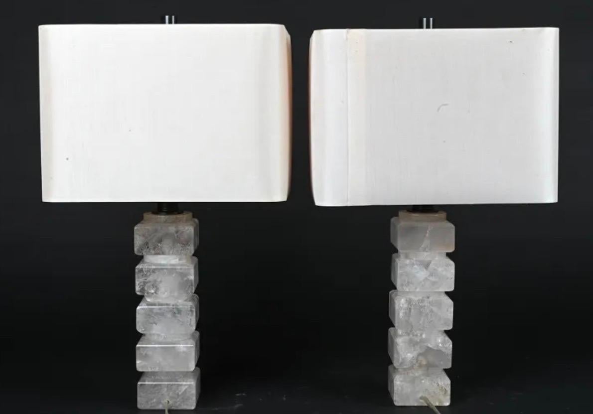 A Beautiful Pair Of Mid Century Modern Transitional Stack Rock Crystal Column Form Table Lamps With Black Patinated Sockets And Harp
Newly Wired And Ready To Use, Shades Show Ware.