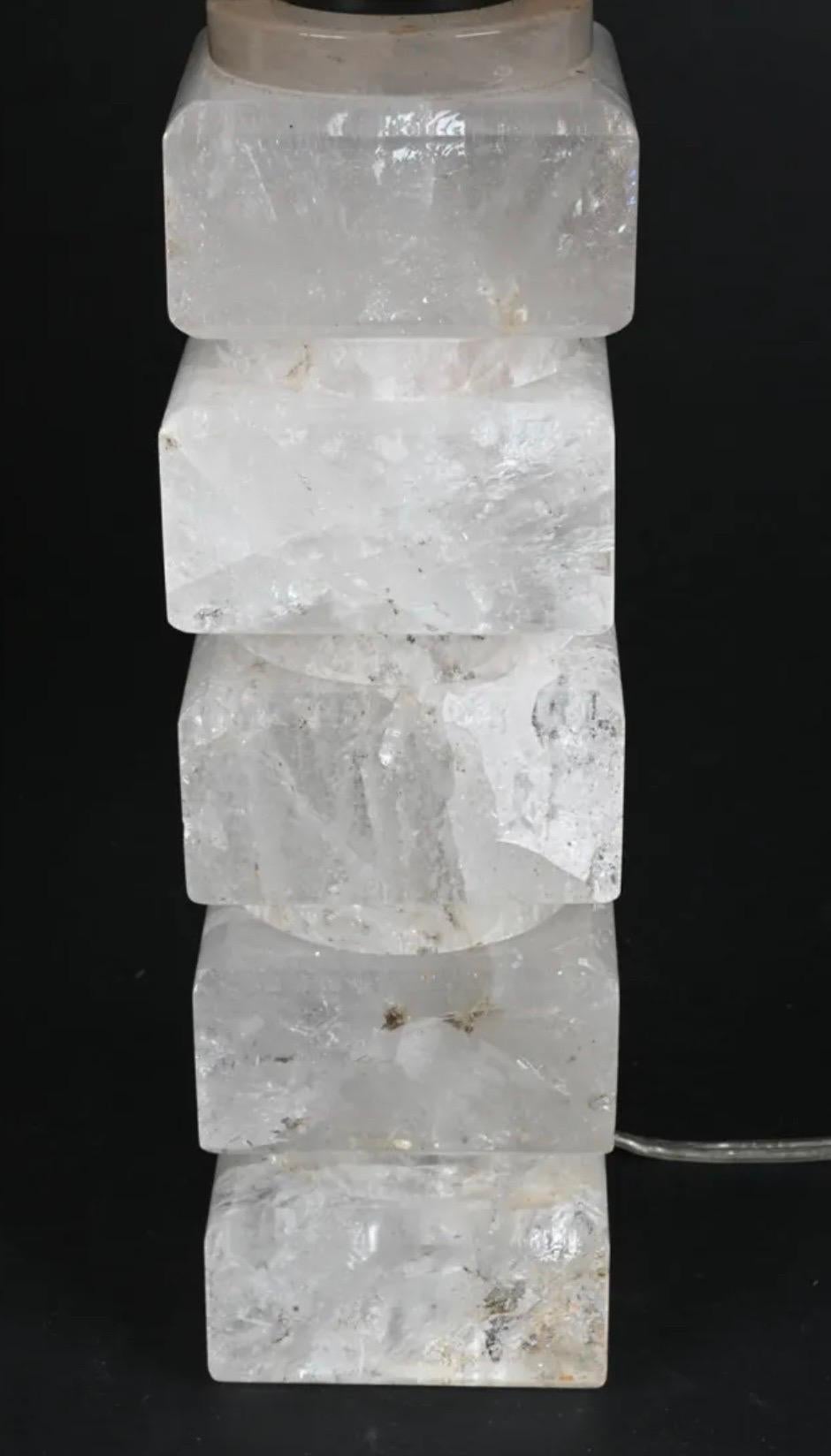 Beautiful Pair Mid Century Modern Transitional Stack Rock Crystal Column Lamps  In Good Condition For Sale In Roslyn, NY