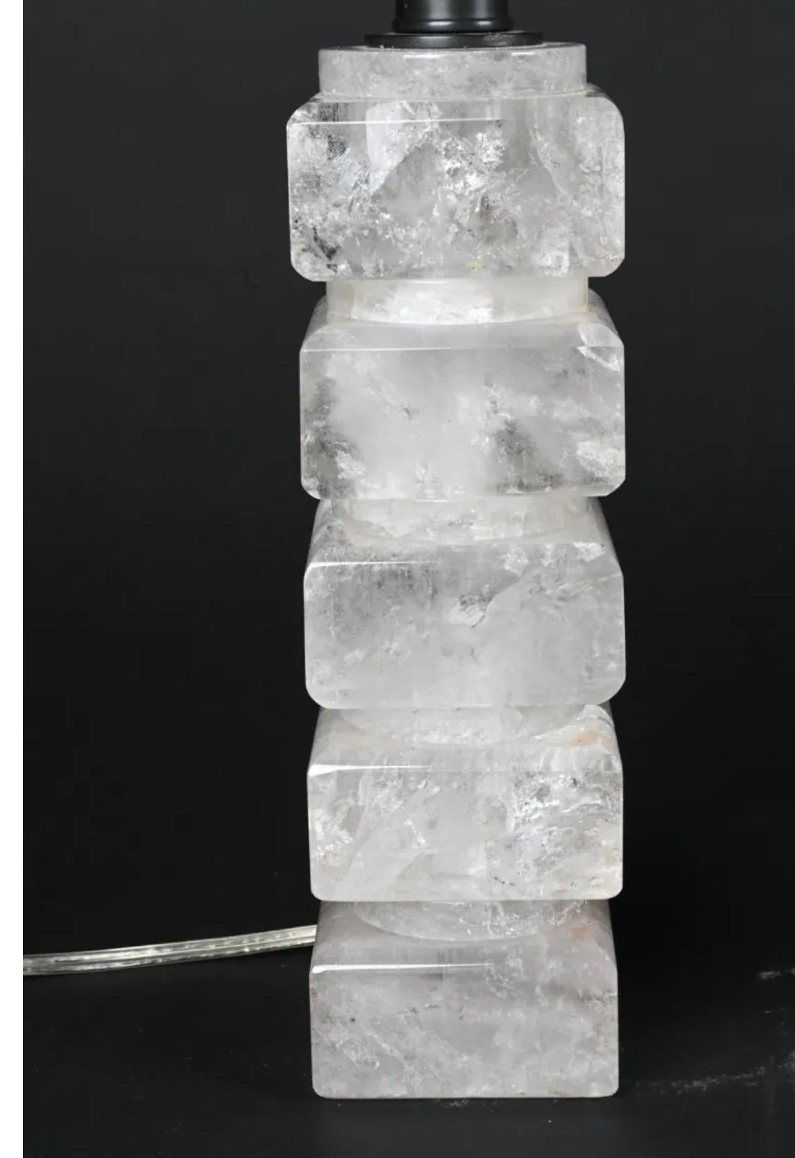 Beautiful Pair Mid Century Modern Transitional Stack Rock Crystal Column Lamps  For Sale 1