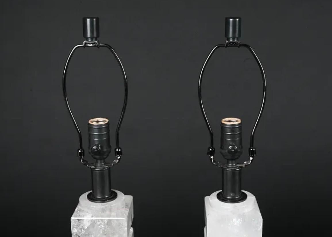 Beautiful Pair Mid Century Modern Transitional Stack Rock Crystal Column Lamps  For Sale 2