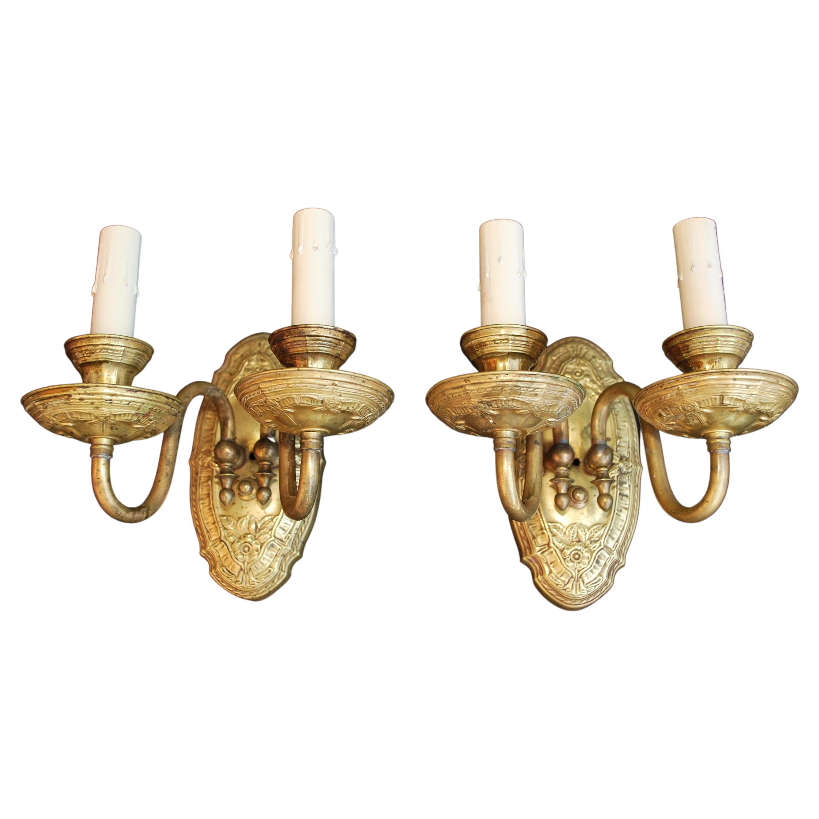 Beautiful Pair of 1920s Brass Sconces For Sale