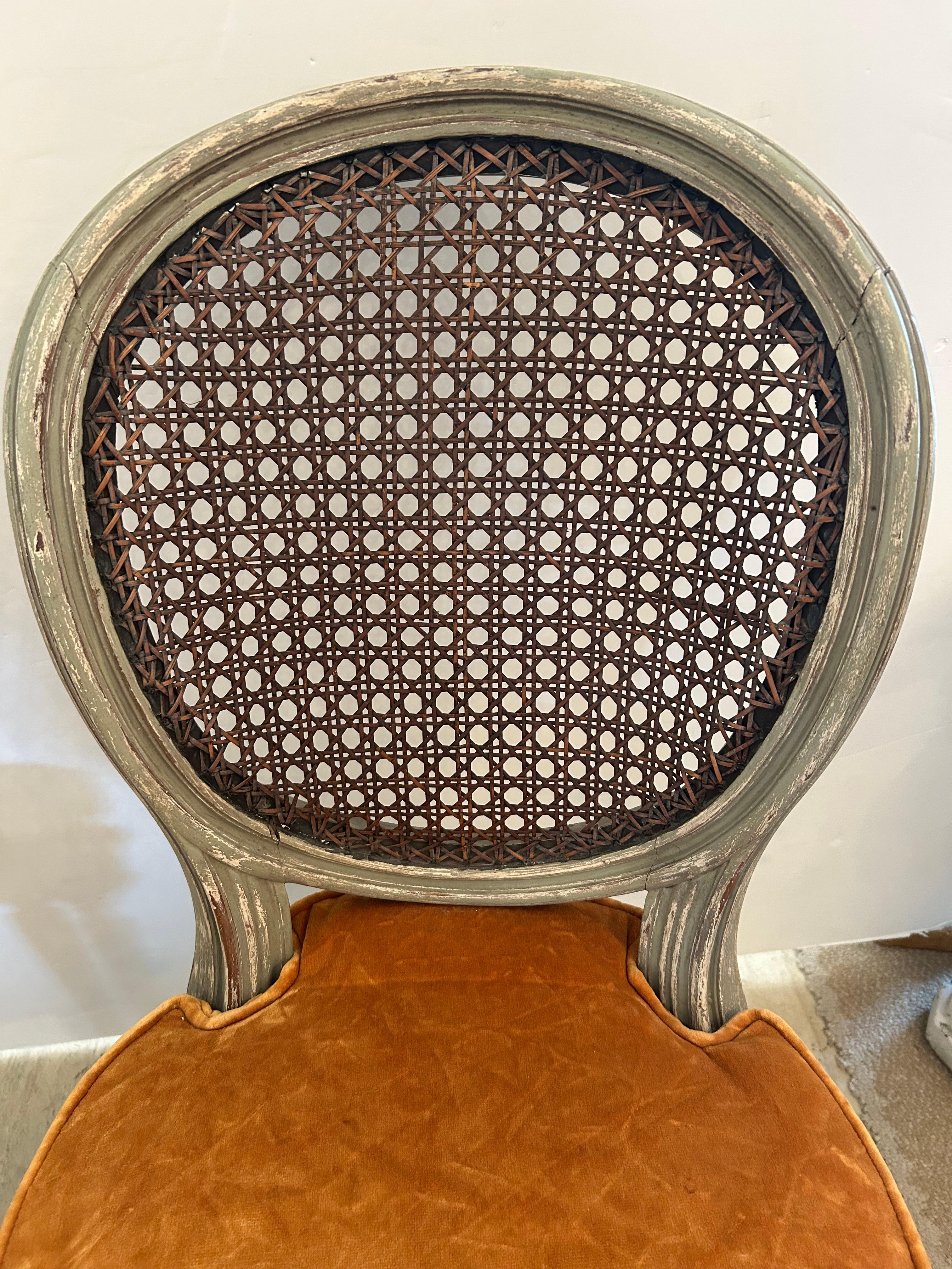 Beautiful Pair of 19th Century Celadon Painted & Caned Side Chairs For Sale 6