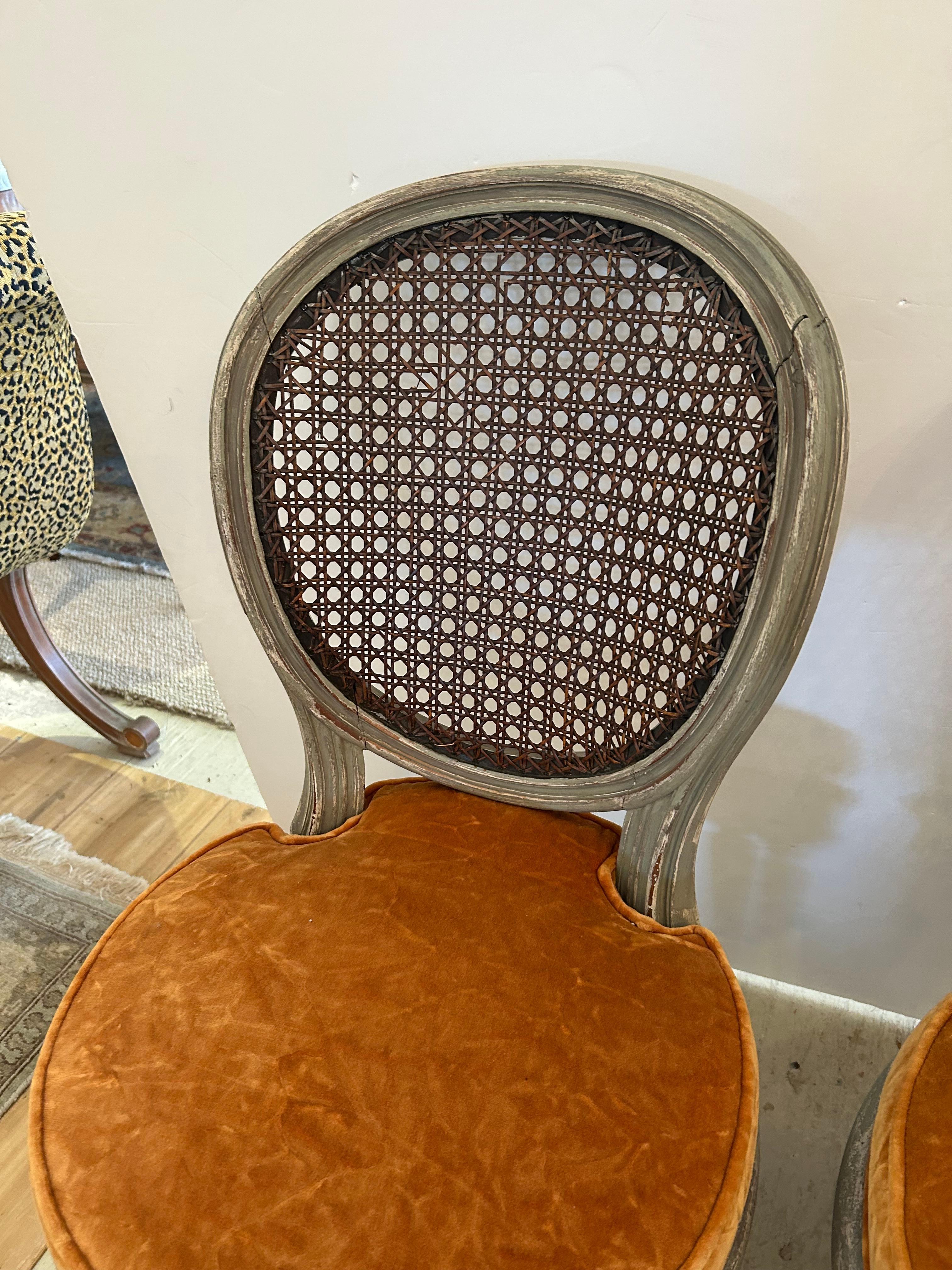 Beautiful Pair of 19th Century Celadon Painted & Caned Side Chairs For Sale 7