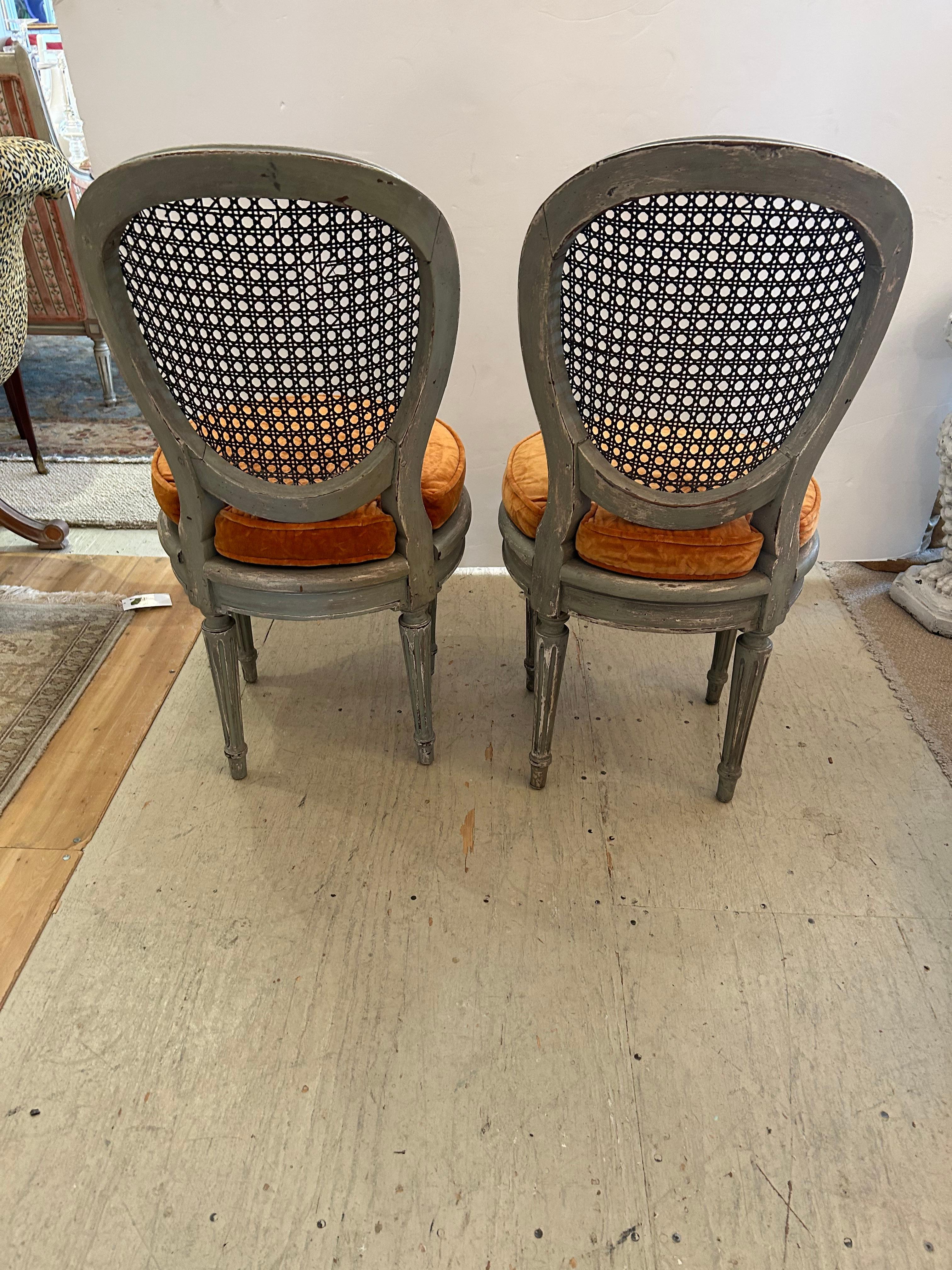 Beautiful Pair of 19th Century Celadon Painted & Caned Side Chairs For Sale 9