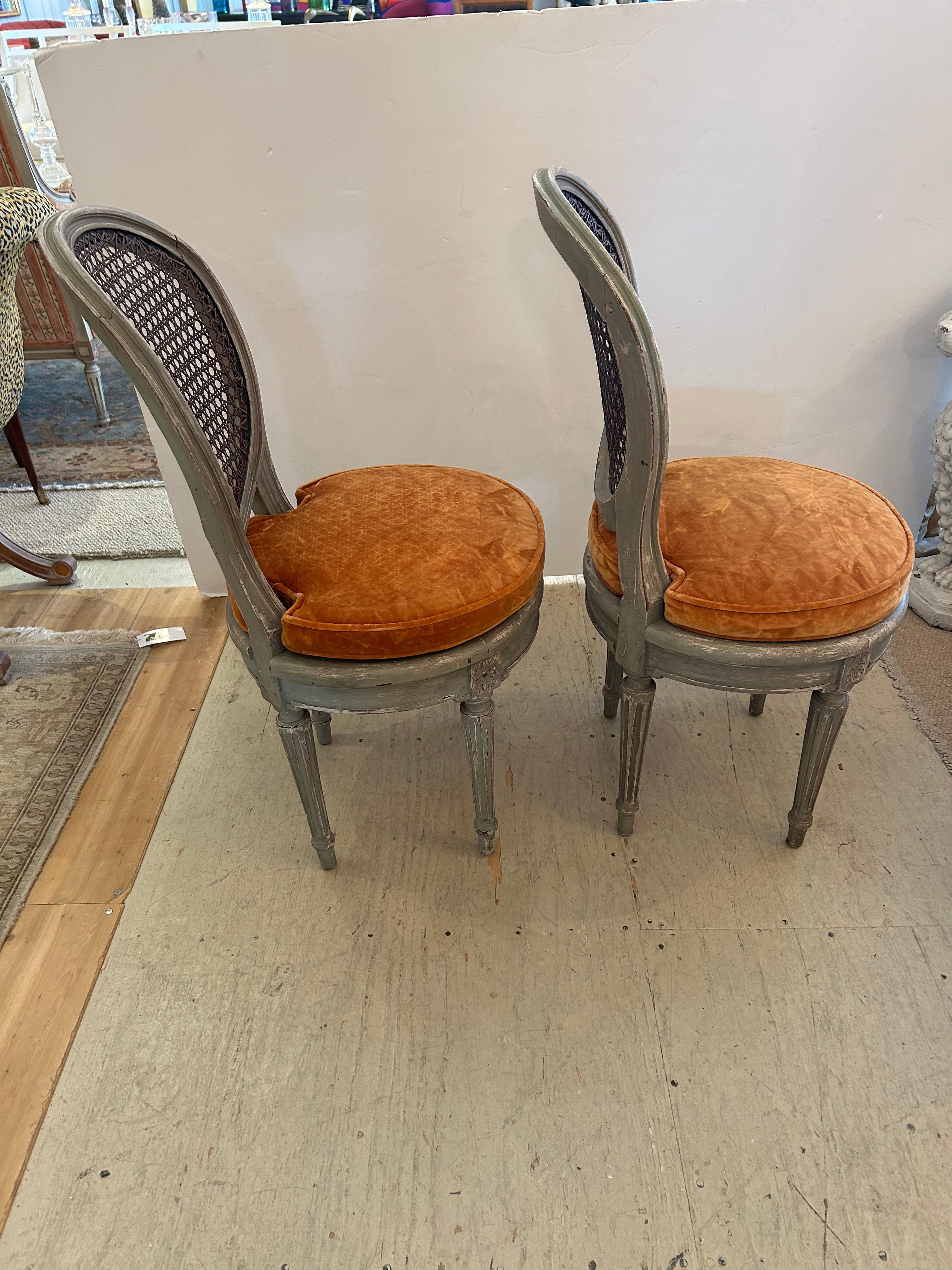 Beautiful Pair of 19th Century Celadon Painted & Caned Side Chairs For Sale 13