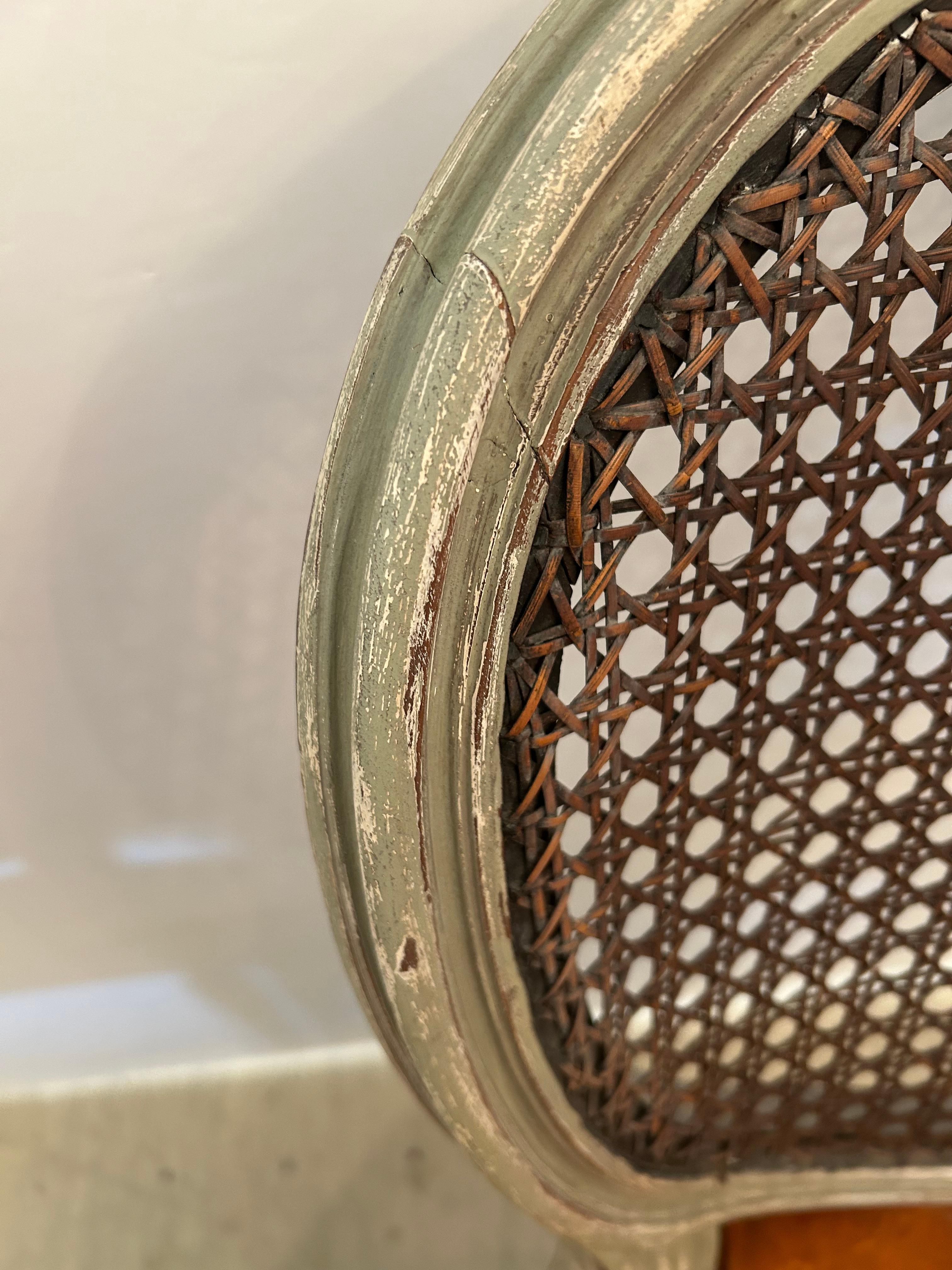 French Beautiful Pair of 19th Century Celadon Painted & Caned Side Chairs For Sale