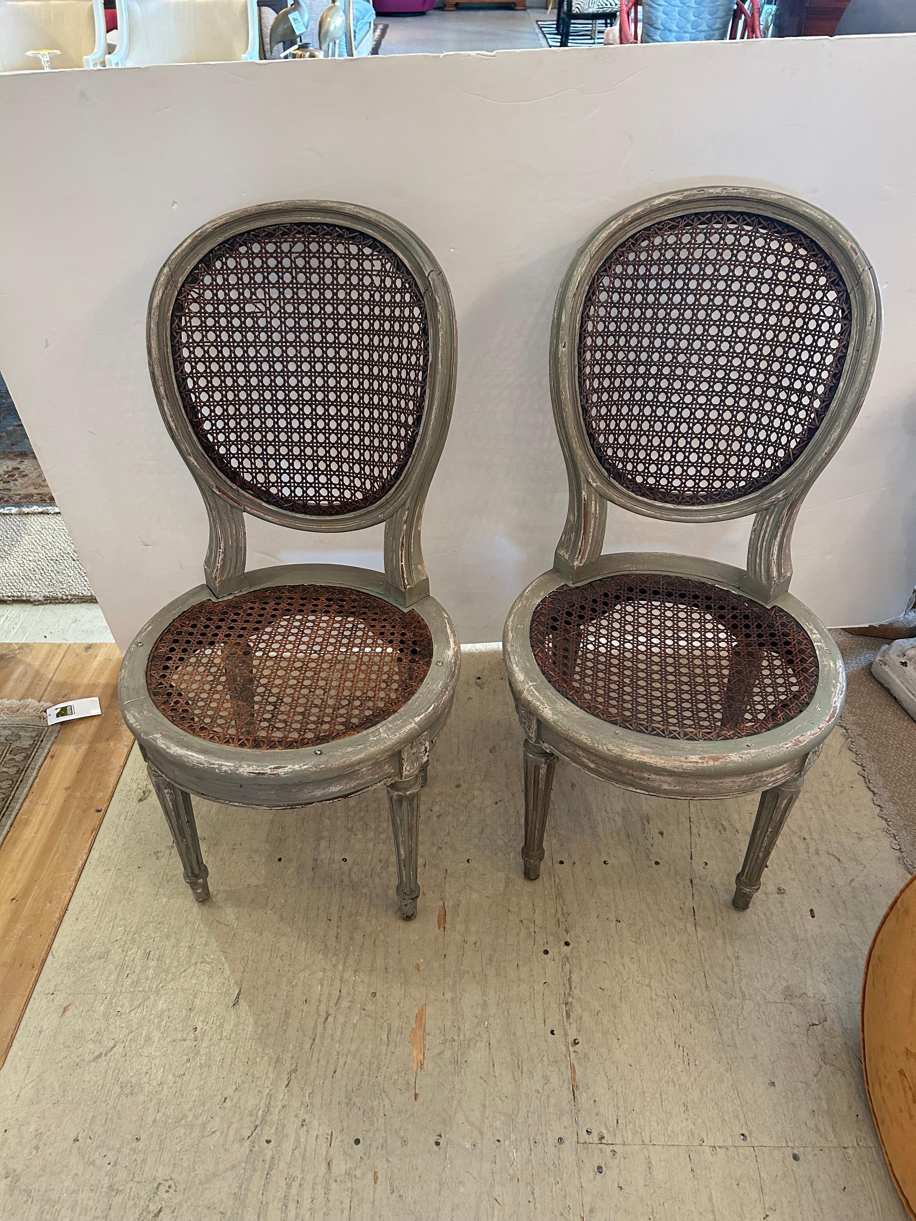 Beautiful Pair of 19th Century Celadon Painted & Caned Side Chairs In Good Condition For Sale In Hopewell, NJ
