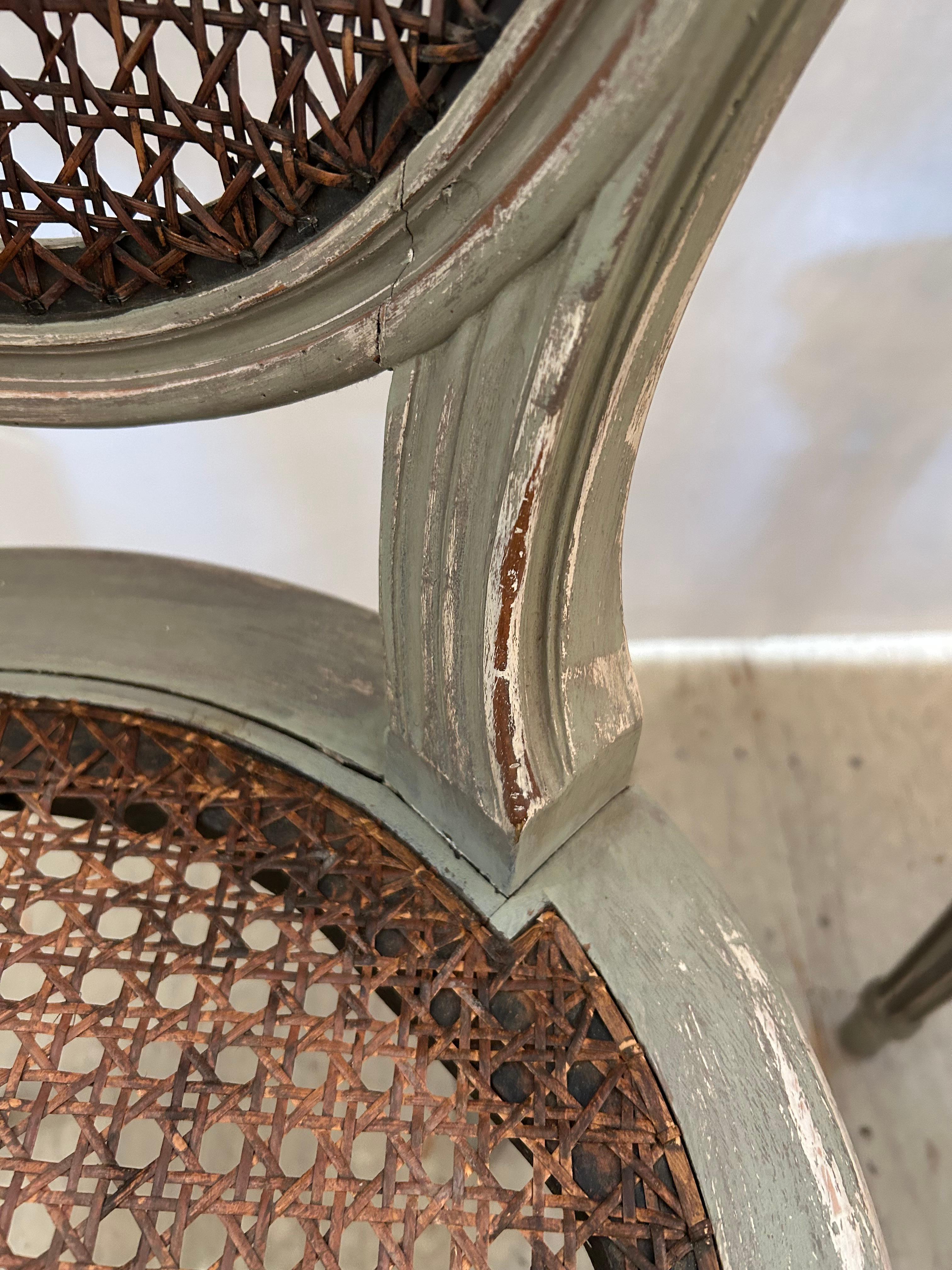 Beautiful Pair of 19th Century Celadon Painted & Caned Side Chairs For Sale 1