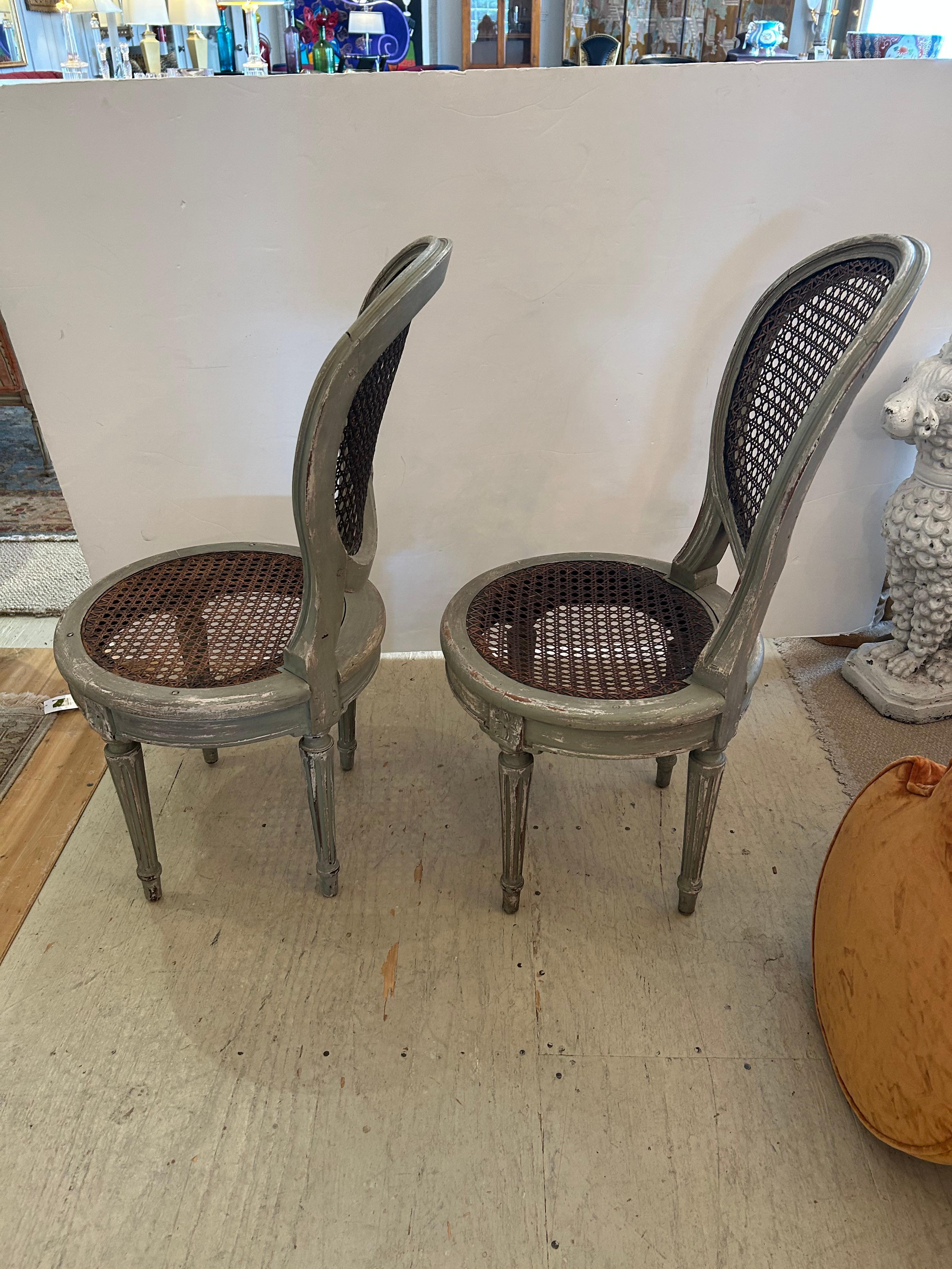 Beautiful Pair of 19th Century Celadon Painted & Caned Side Chairs For Sale 2