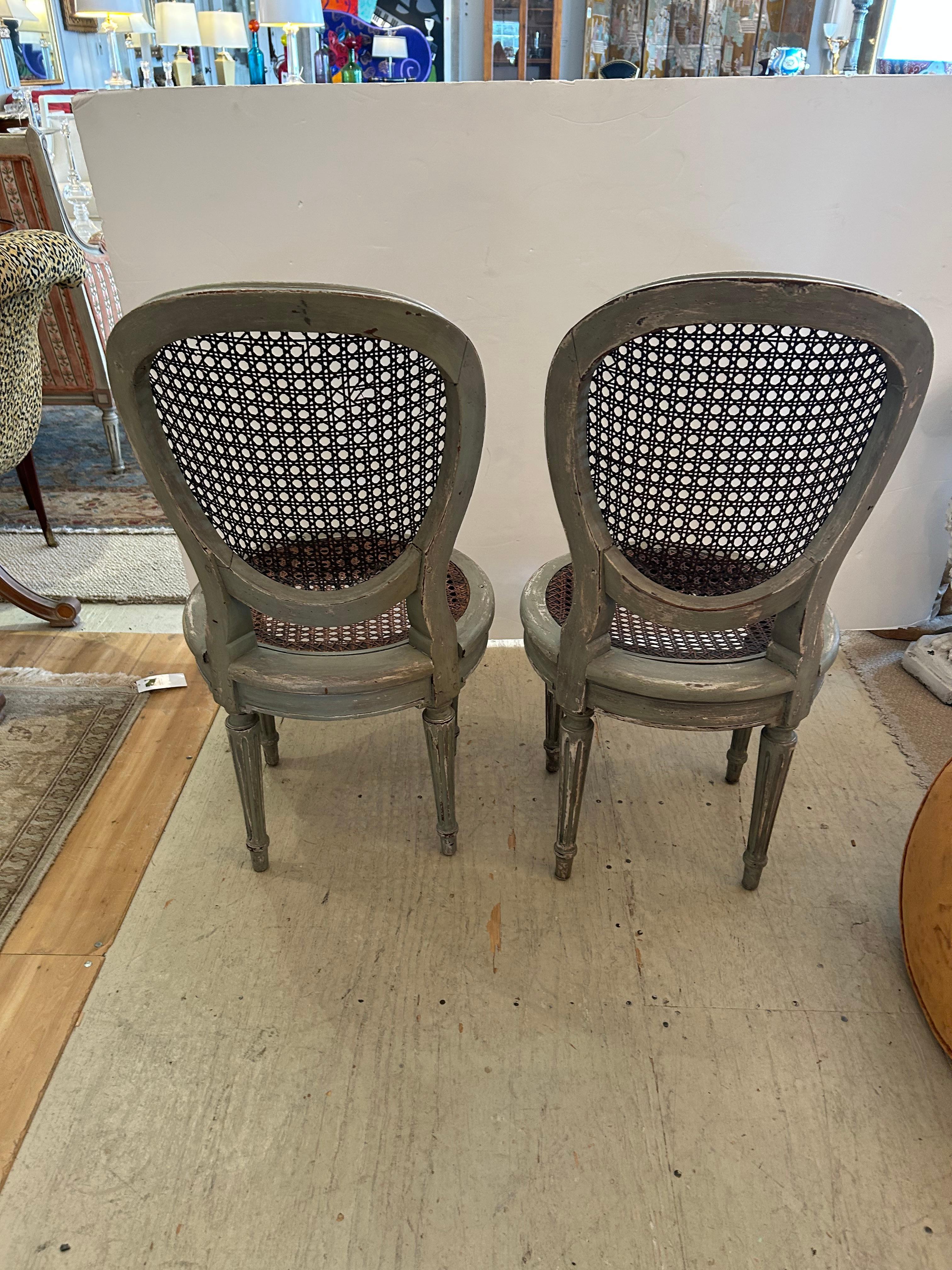 Beautiful Pair of 19th Century Celadon Painted & Caned Side Chairs For Sale 3
