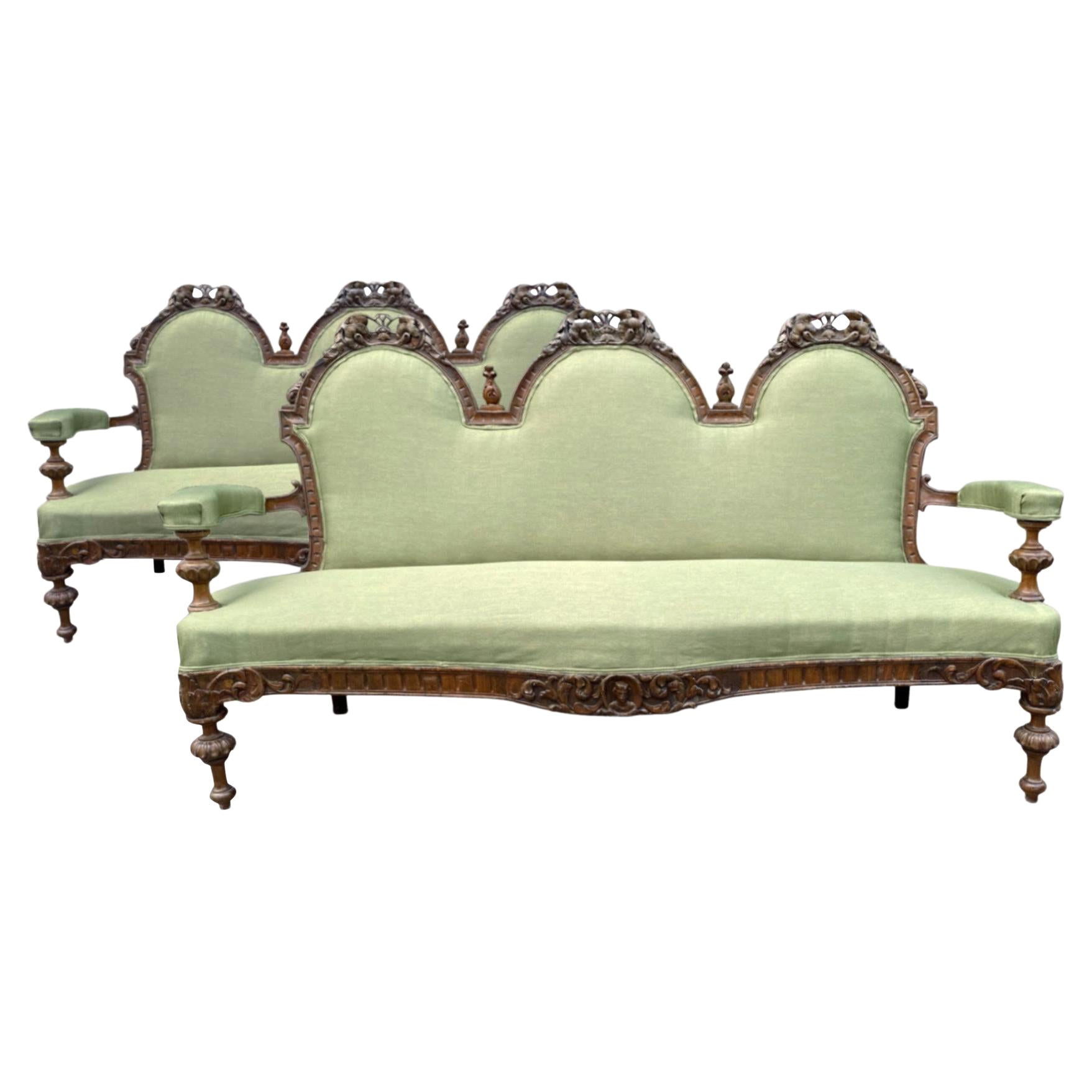 Beautiful Pair of 19th Century French Carved Walnut Reupholstered Sofas
