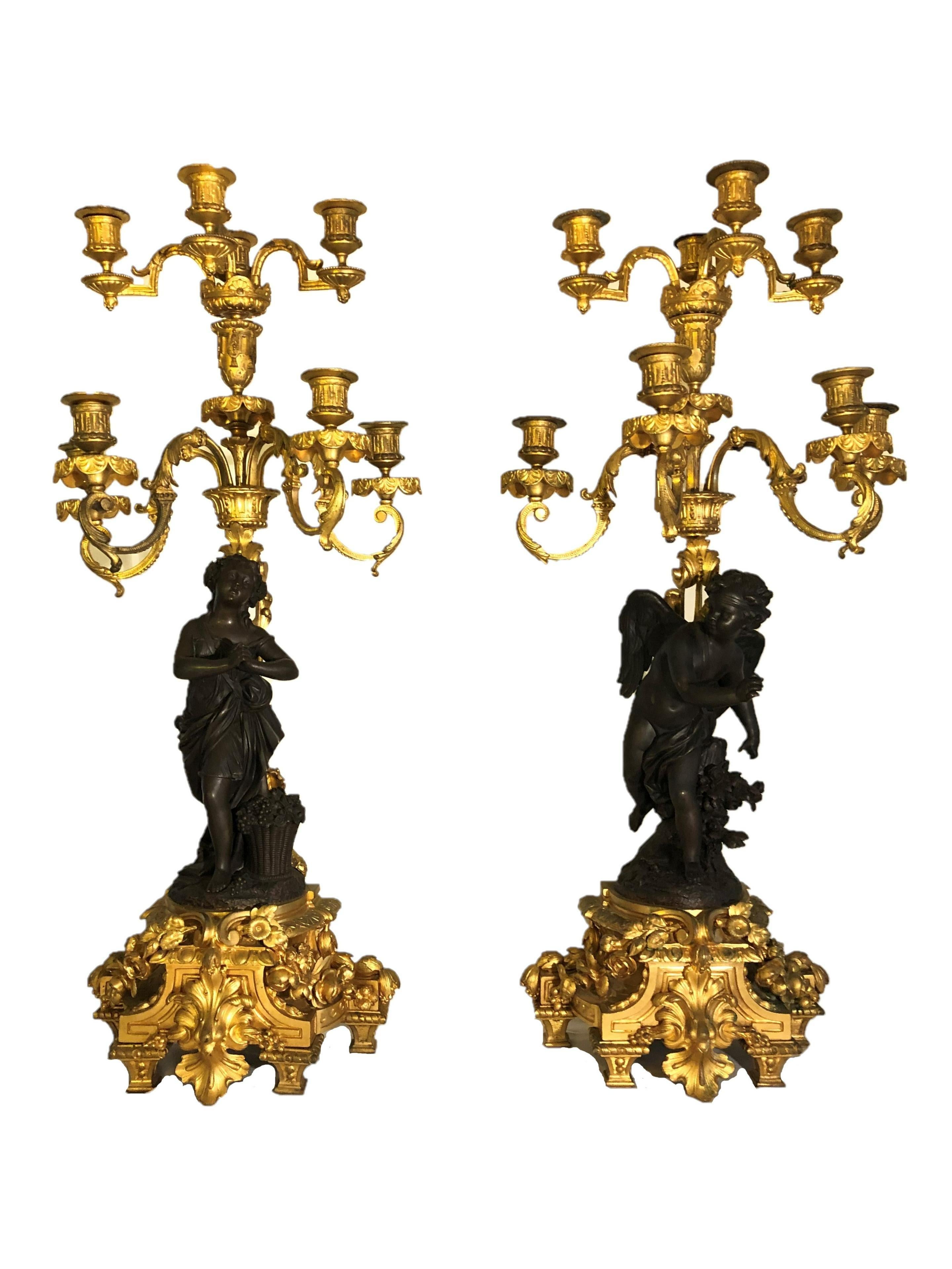 Beautiful Pair of 19th Century French Gilt Bronze and Patinted Candelabra's In Good Condition For Sale In Dallas, TX