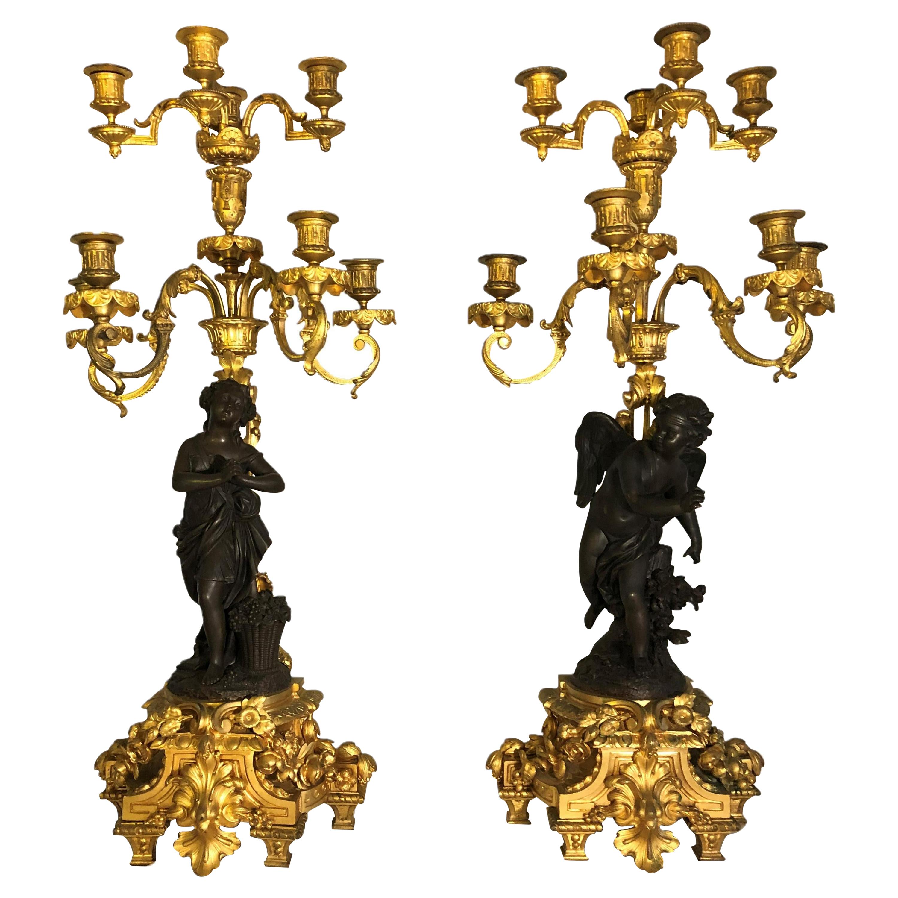 Beautiful Pair of 19th Century French Gilt Bronze and Patinted Candelabra's For Sale