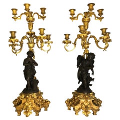 Bellissima coppia di candelabri francesi del XIX secolo in bronzo dorato e patinato