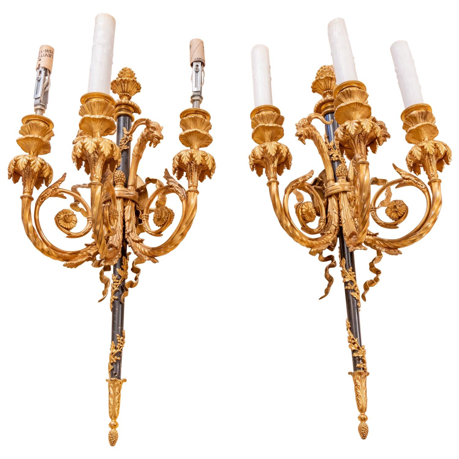 Beautiful Pair of 19th Century French Louis XVI Gilt Bronze Sconces