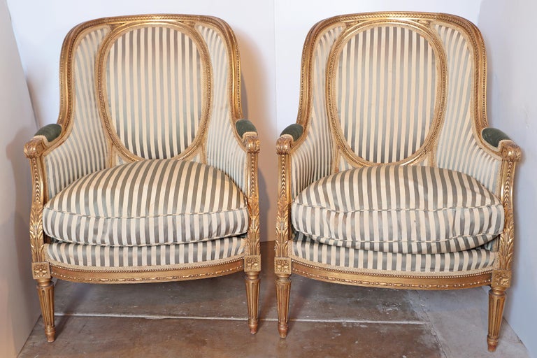 Beautiful Pair of 19th Century Gilt Carved Louis XVI Bergeres For Sale at 1stdibs