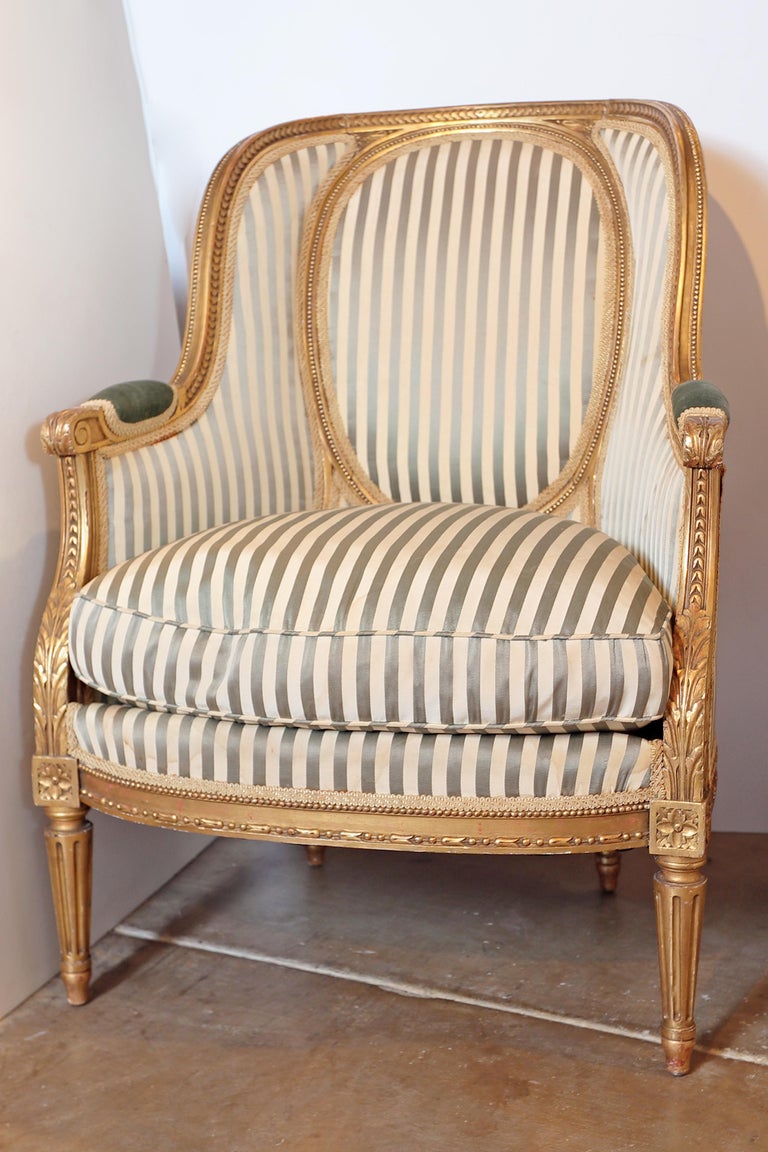 Beautiful Pair of 19th Century Gilt Carved Louis XVI Bergeres For Sale at 1stdibs