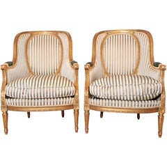 Beautiful Pair of 19th Century Gilt Carved Louis XVI Bergeres