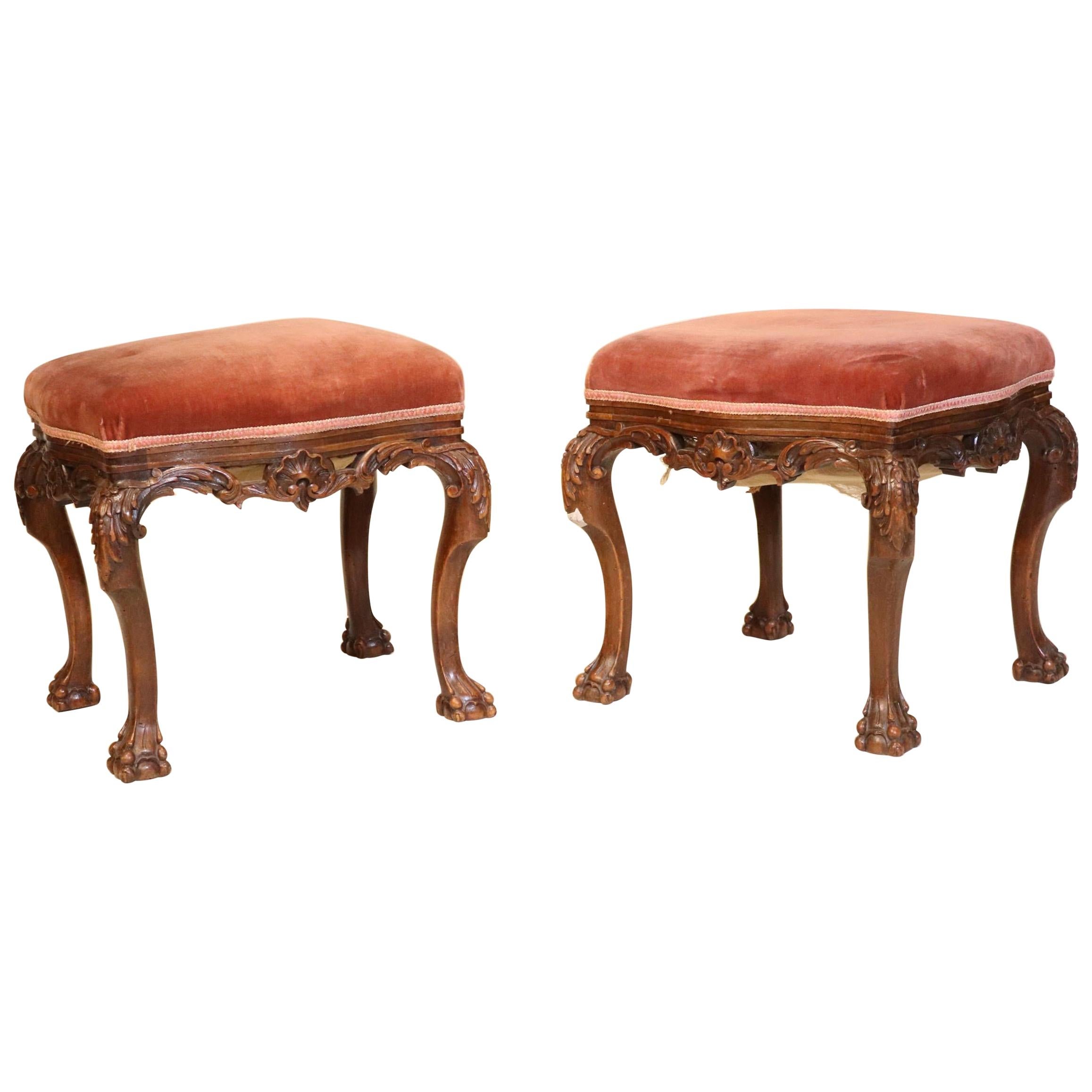 Beautiful Pair of 19th Century Portuguese Mahogany Carved Benches