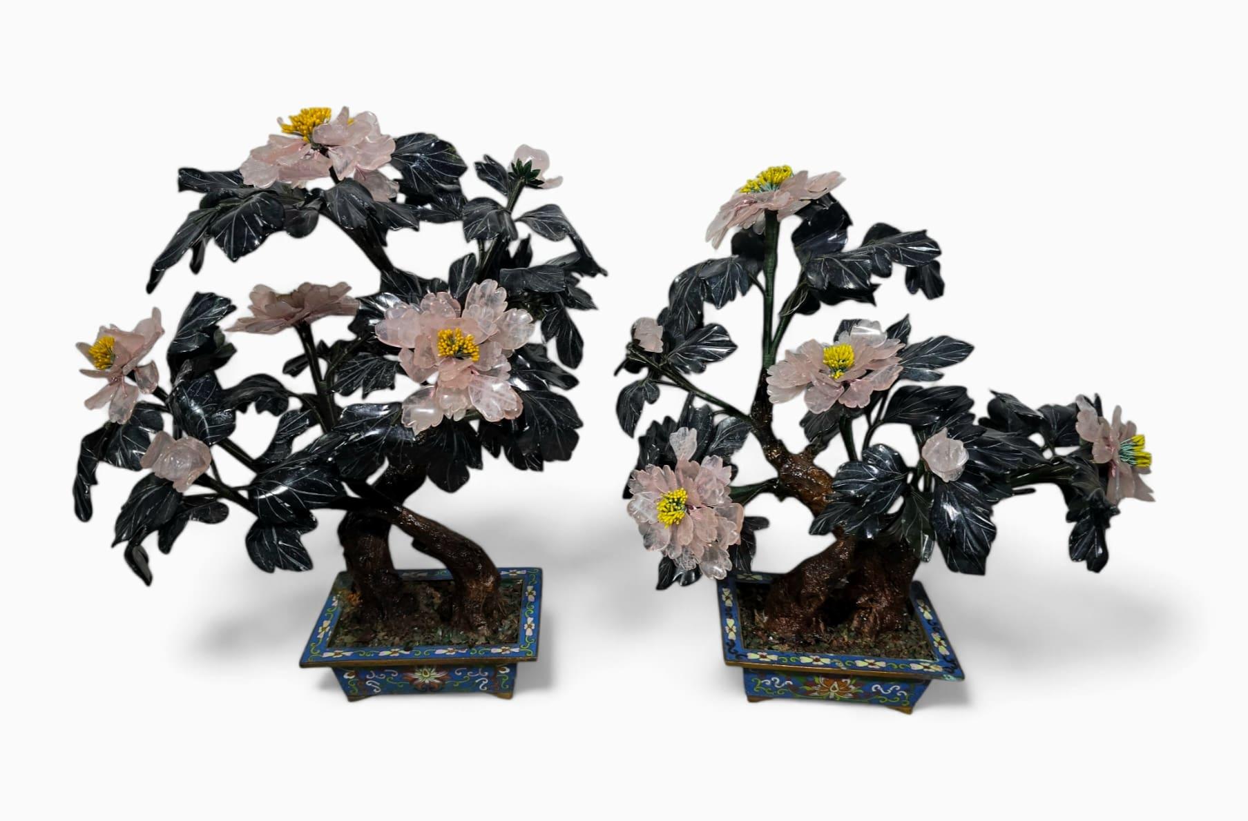 Beautiful Pair of 20th-Century Bonsai Trees in Agate, Crystal, and Nephrite Jade For Sale 9