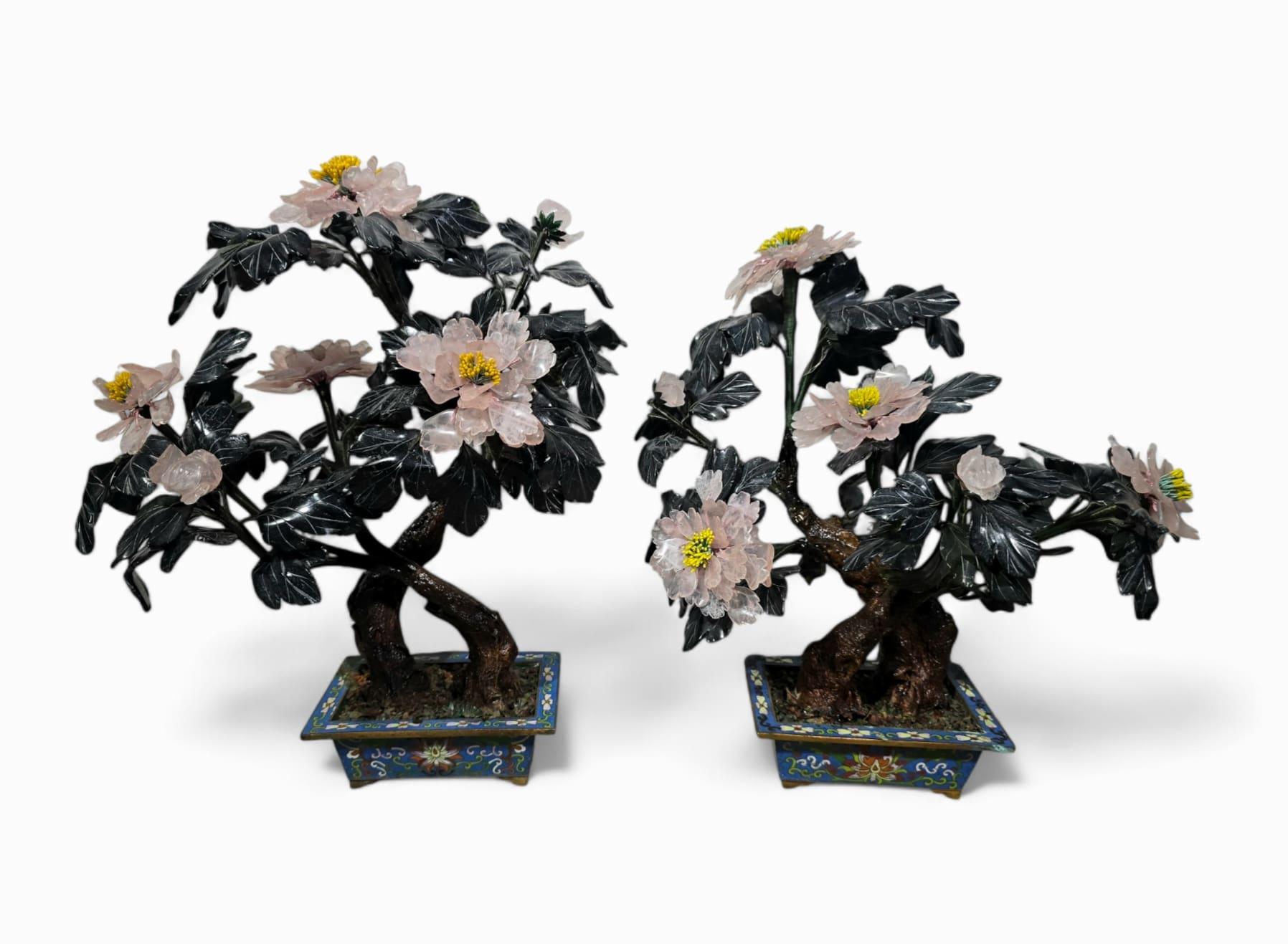 Beautiful Pair of 20th-Century Bonsai Trees in Agate, Crystal, and Nephrite Jade For Sale 11