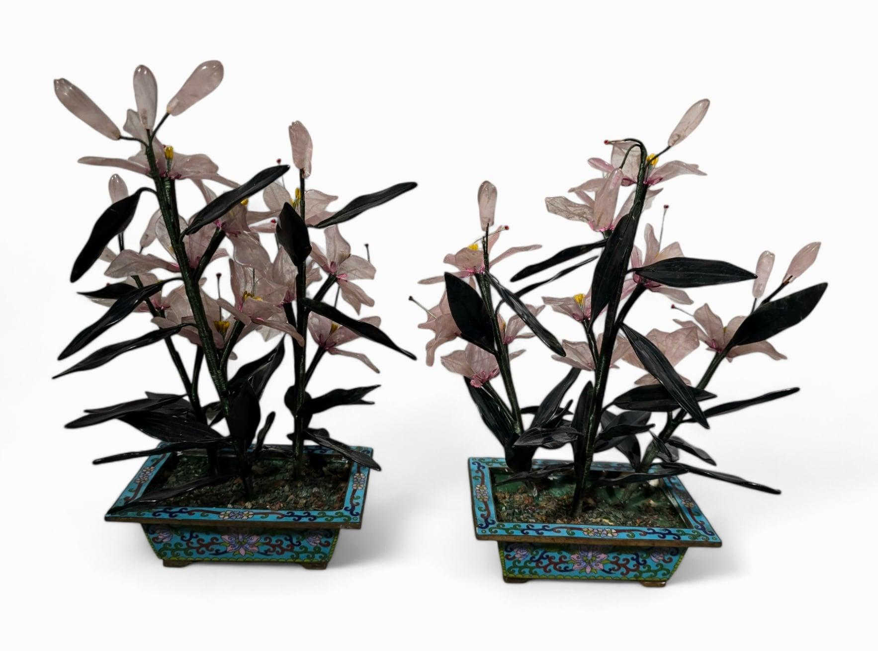 Beautiful Pair of 20th-Century Bonsai Trees in Agate, Crystal, and Nephrite Jade In Good Condition For Sale In Madrid, ES