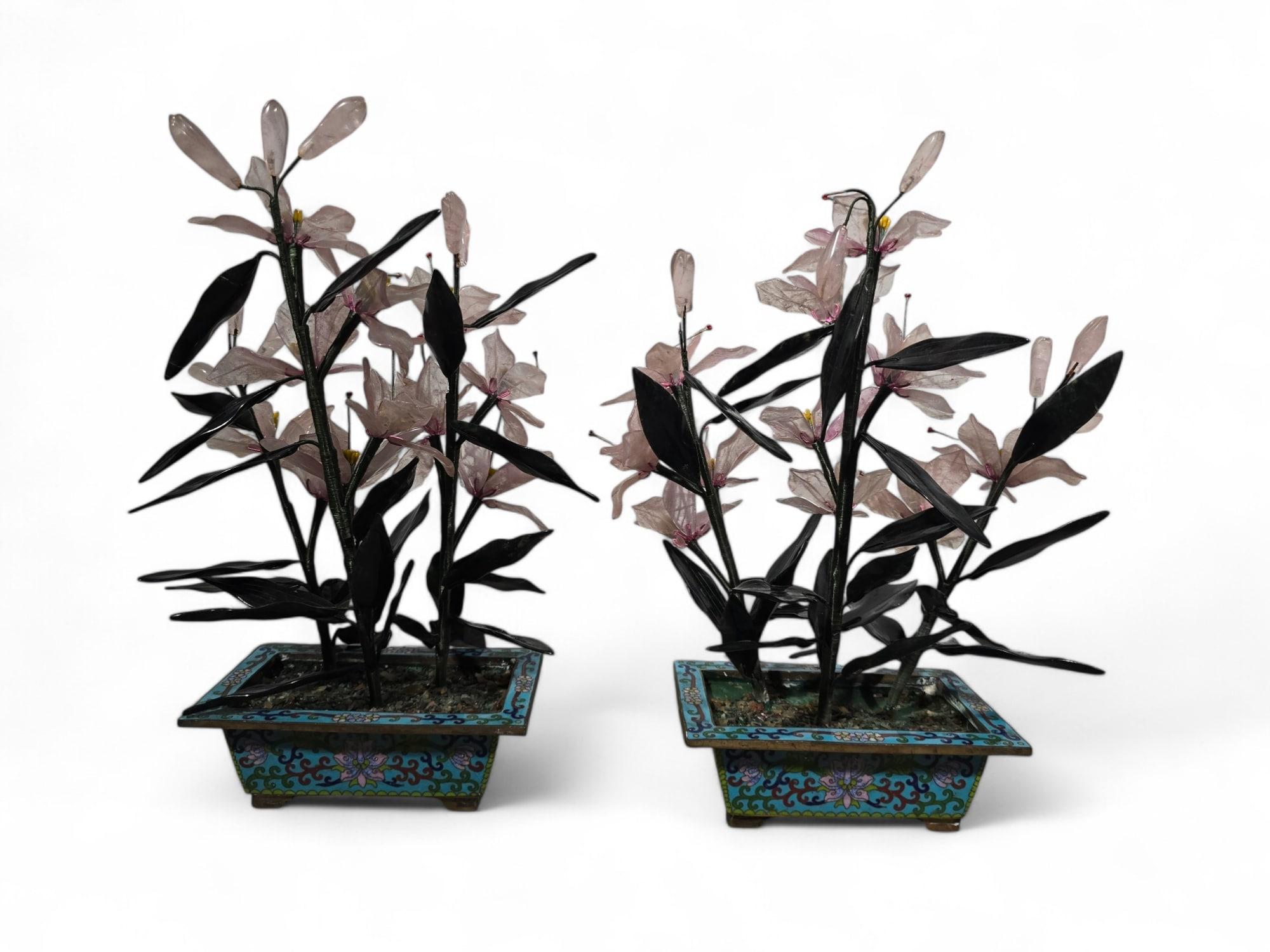 Mid-20th Century Beautiful Pair of 20th-Century Bonsai Trees in Agate, Crystal, and Nephrite Jade For Sale