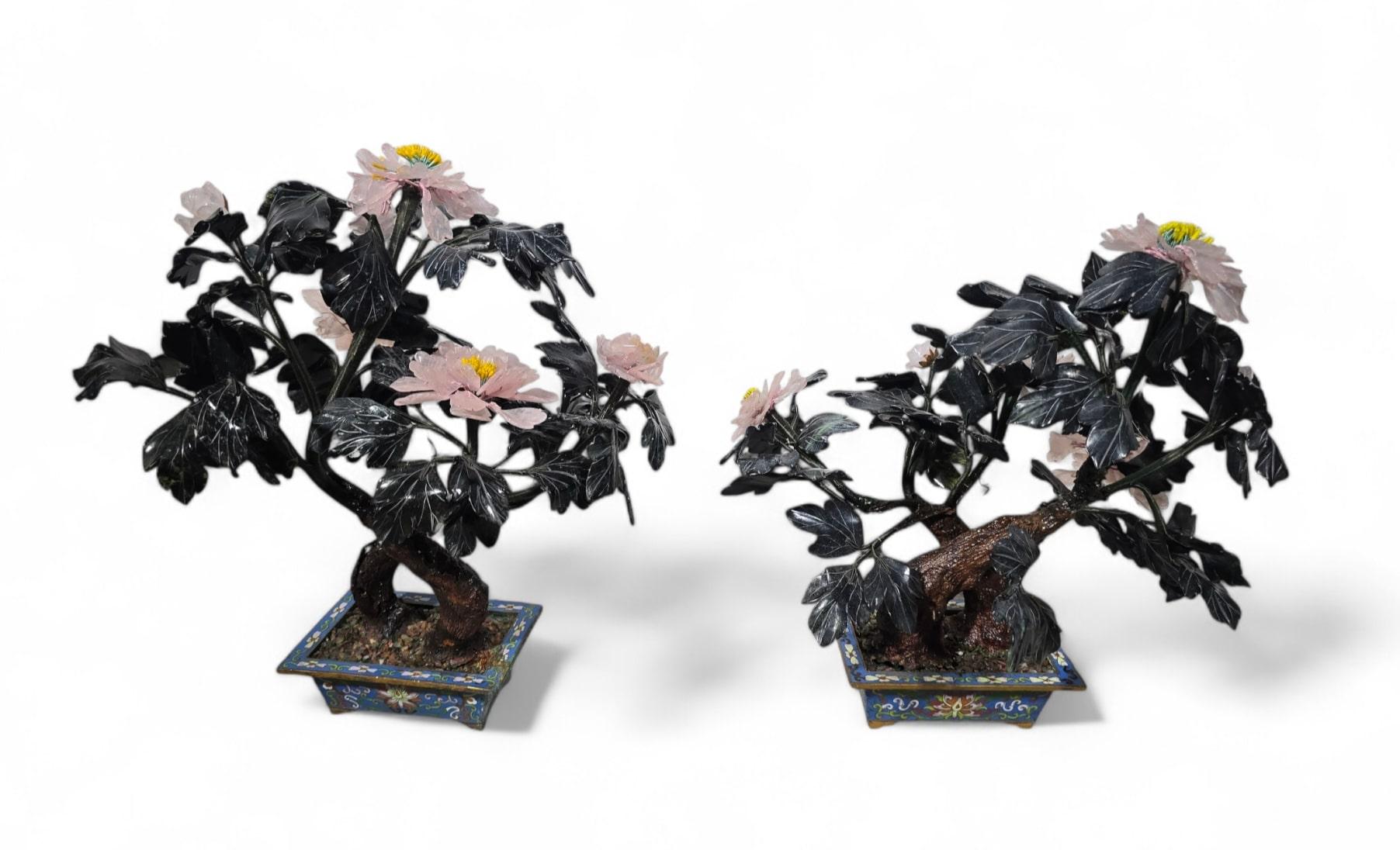Amethyst Beautiful Pair of 20th-Century Bonsai Trees in Agate, Crystal, and Nephrite Jade For Sale
